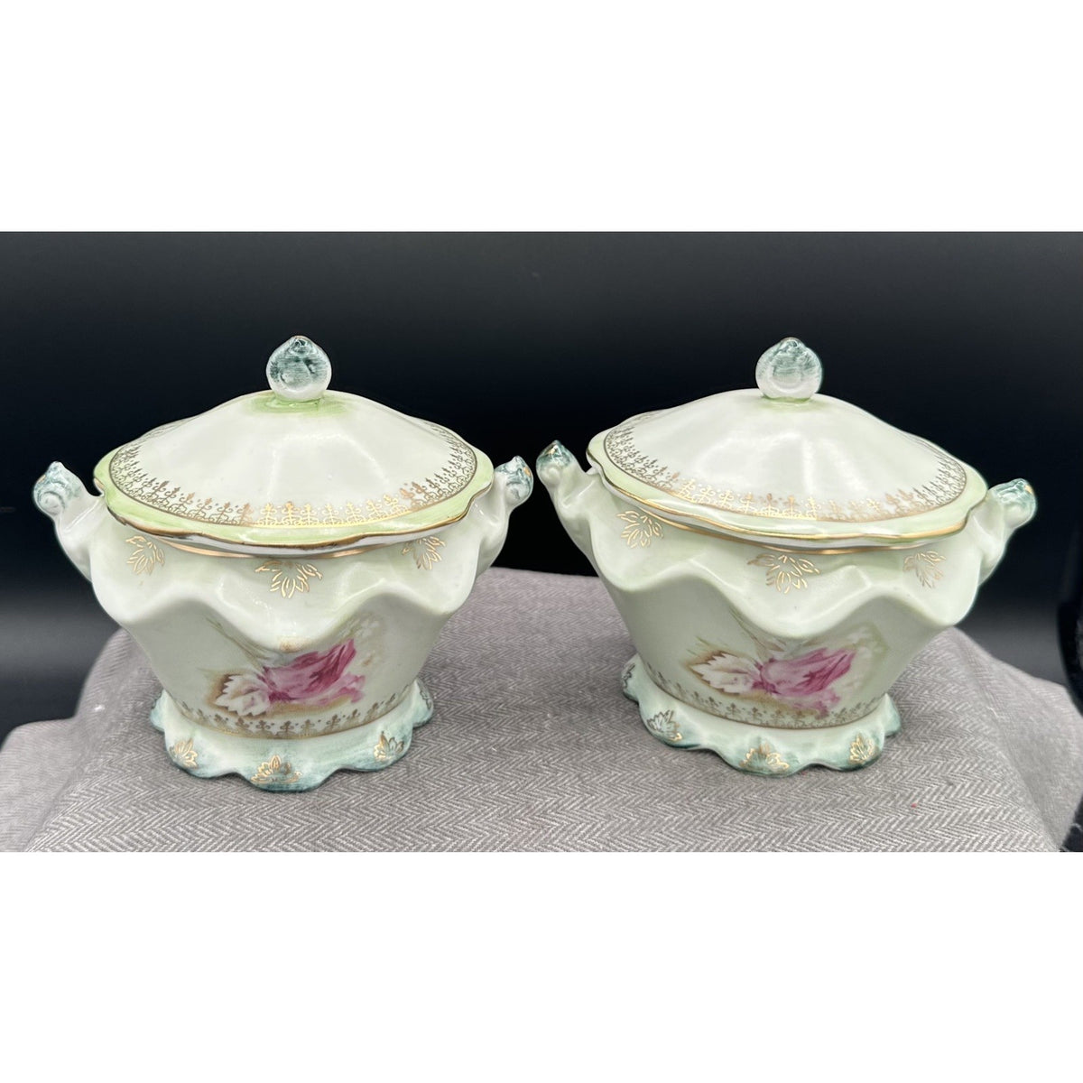 Antique Nippon Lidded Covered Bowls Pair Pink Roses Gold Trim Japan Porcelain