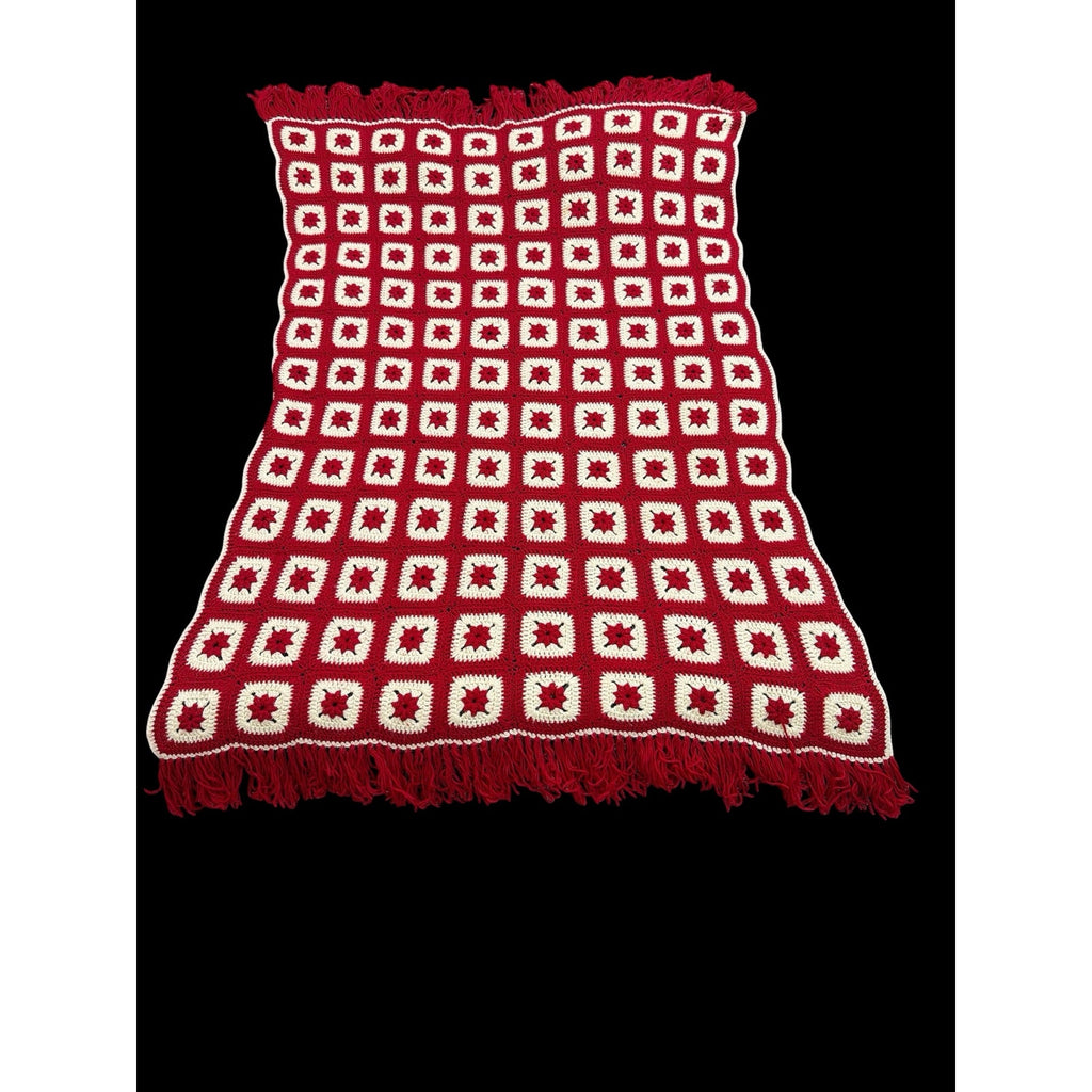 Vintage Christmas Crochet Afghan Red White Poinsettia Flower Blanket 45 x 70