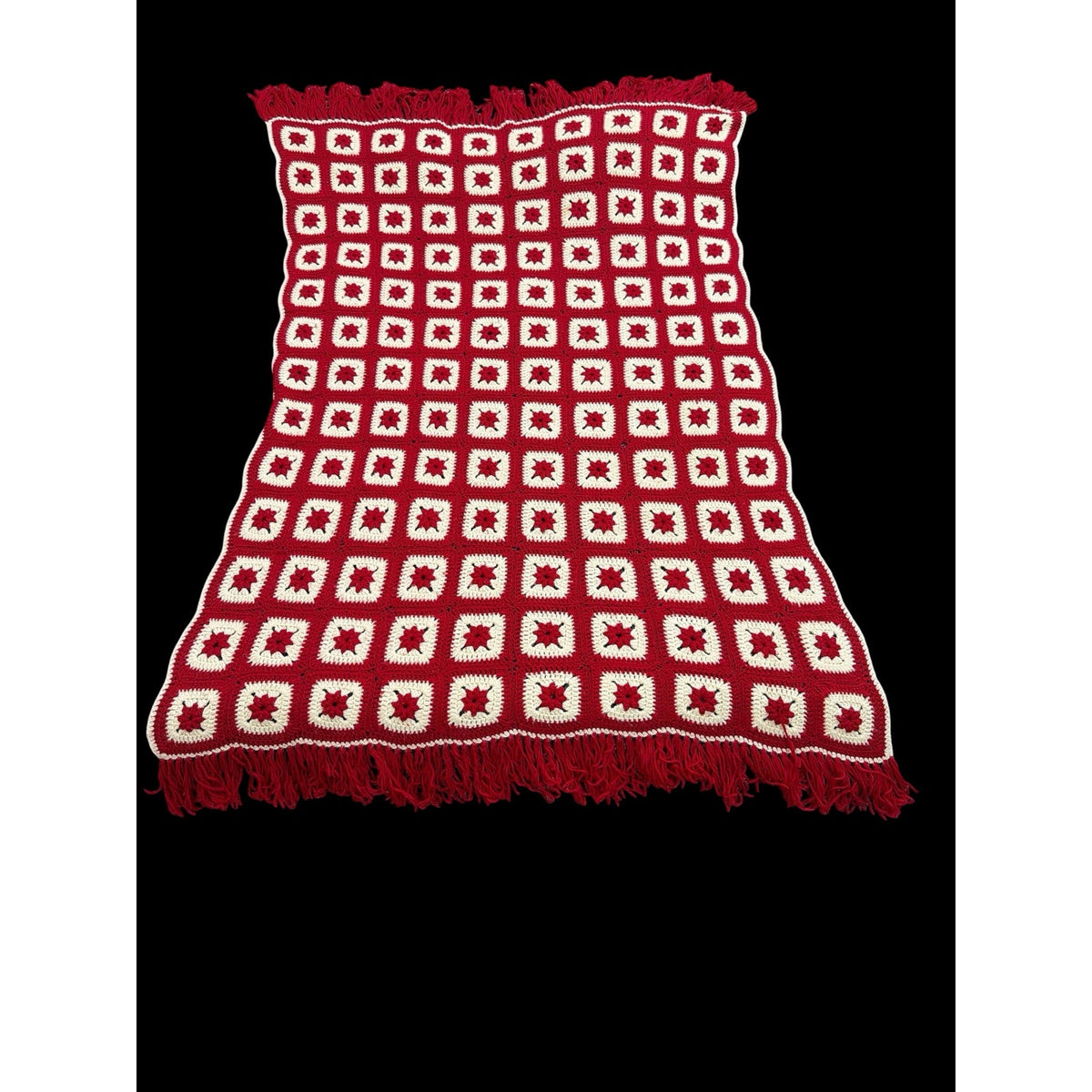 Vintage Christmas Crochet Afghan Red White Poinsettia Flower Blanket 45 x 70