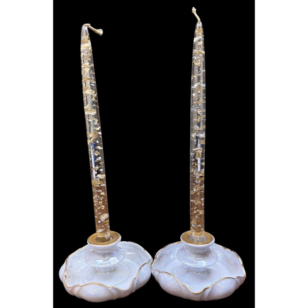 Antique RS Germany Mother of Pearl Glaze Candlesticks Pair Gold Gilt Porcelain