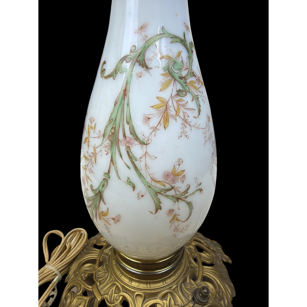 Antique Victorian 31" Banquet Lamp Hand Painted Pink Opal Glass Electric