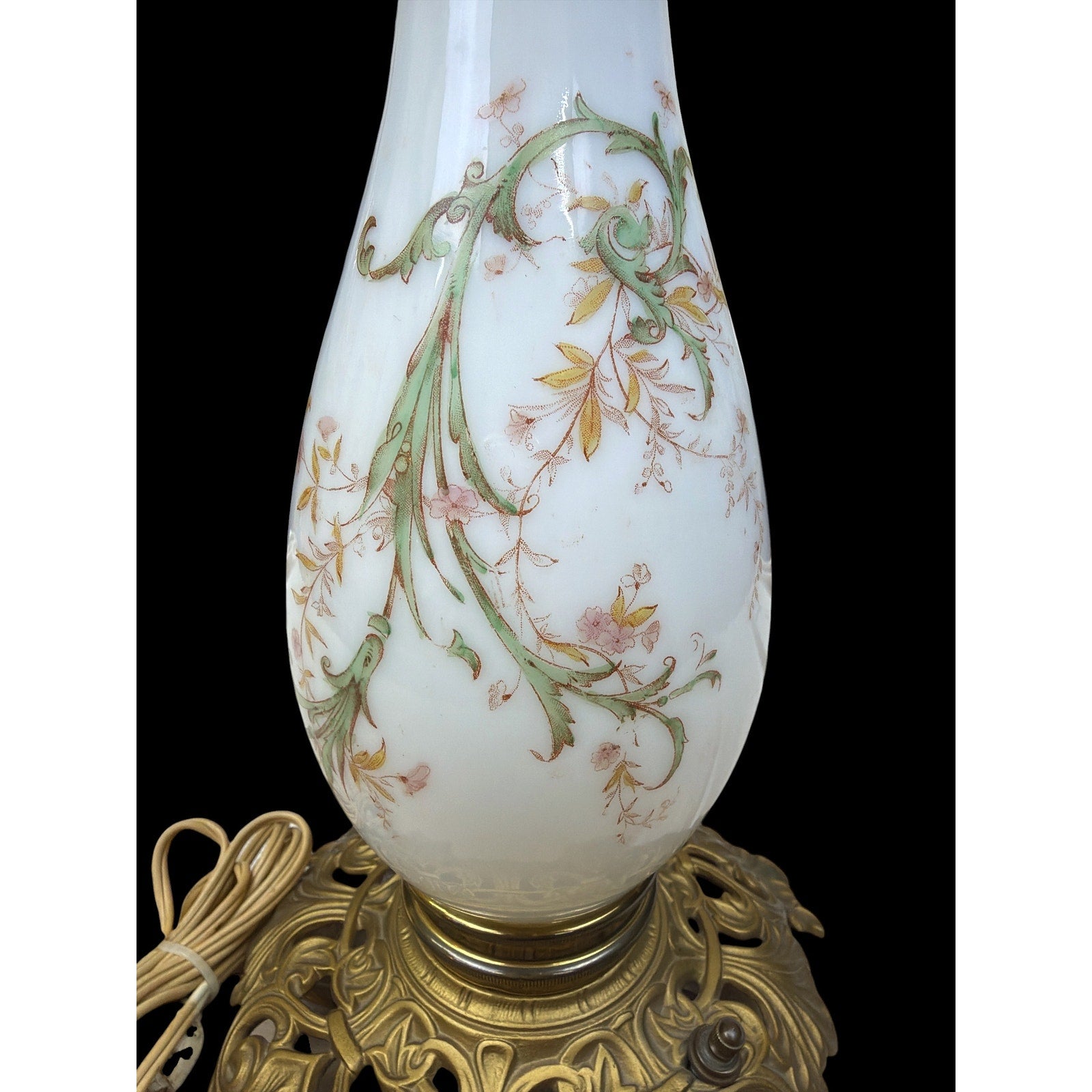 Antique Victorian 31" Banquet Lamp Hand Painted Pink Opal Glass Electric