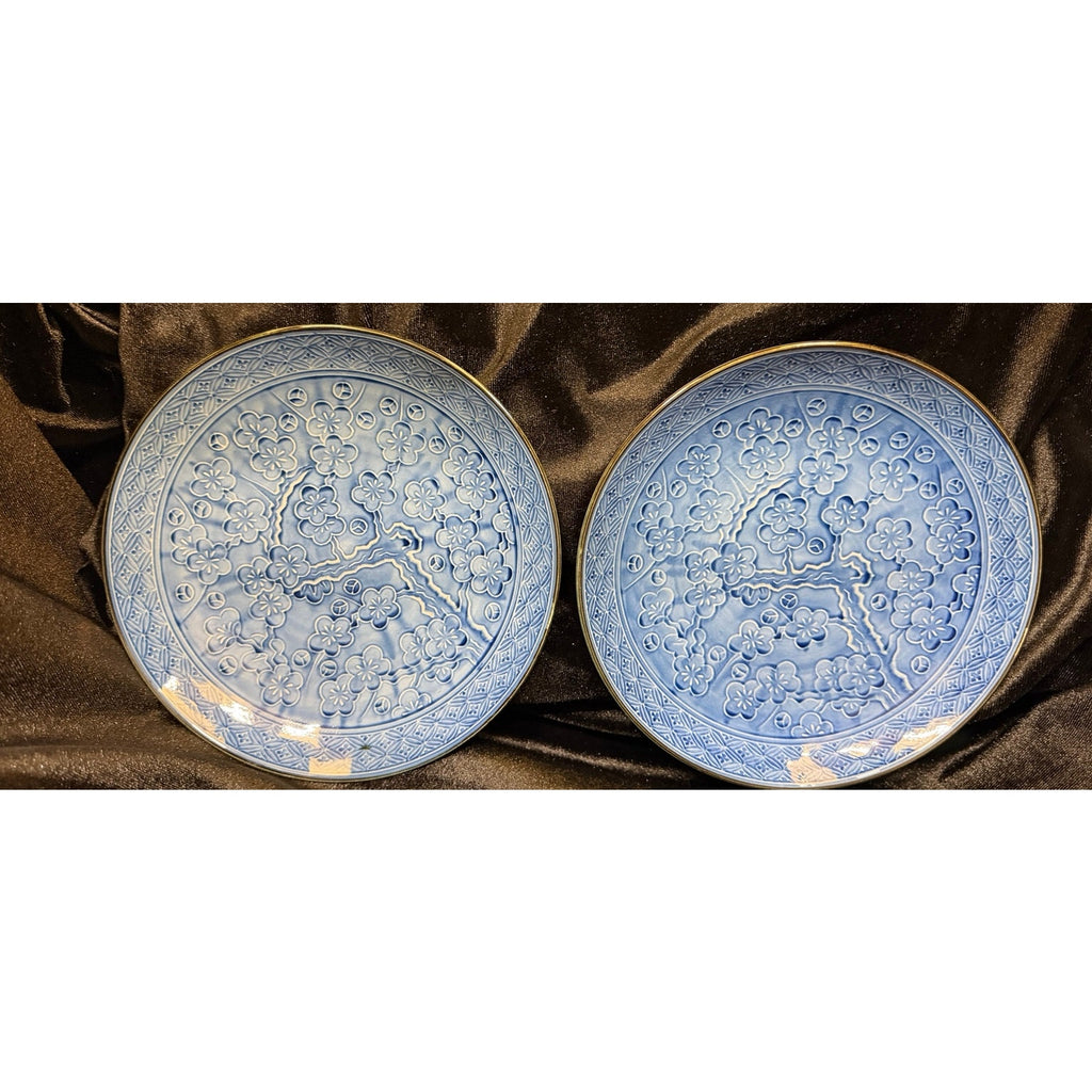 Pair of Vintage Kutani Blue Cherry Blossom Porcelain Salad Plates 7.5 Inch