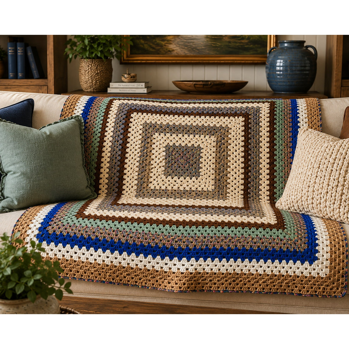 Handmade Crochet Afghan Blanket Sage Cobalt Earth Tones 62 x 62 – main view