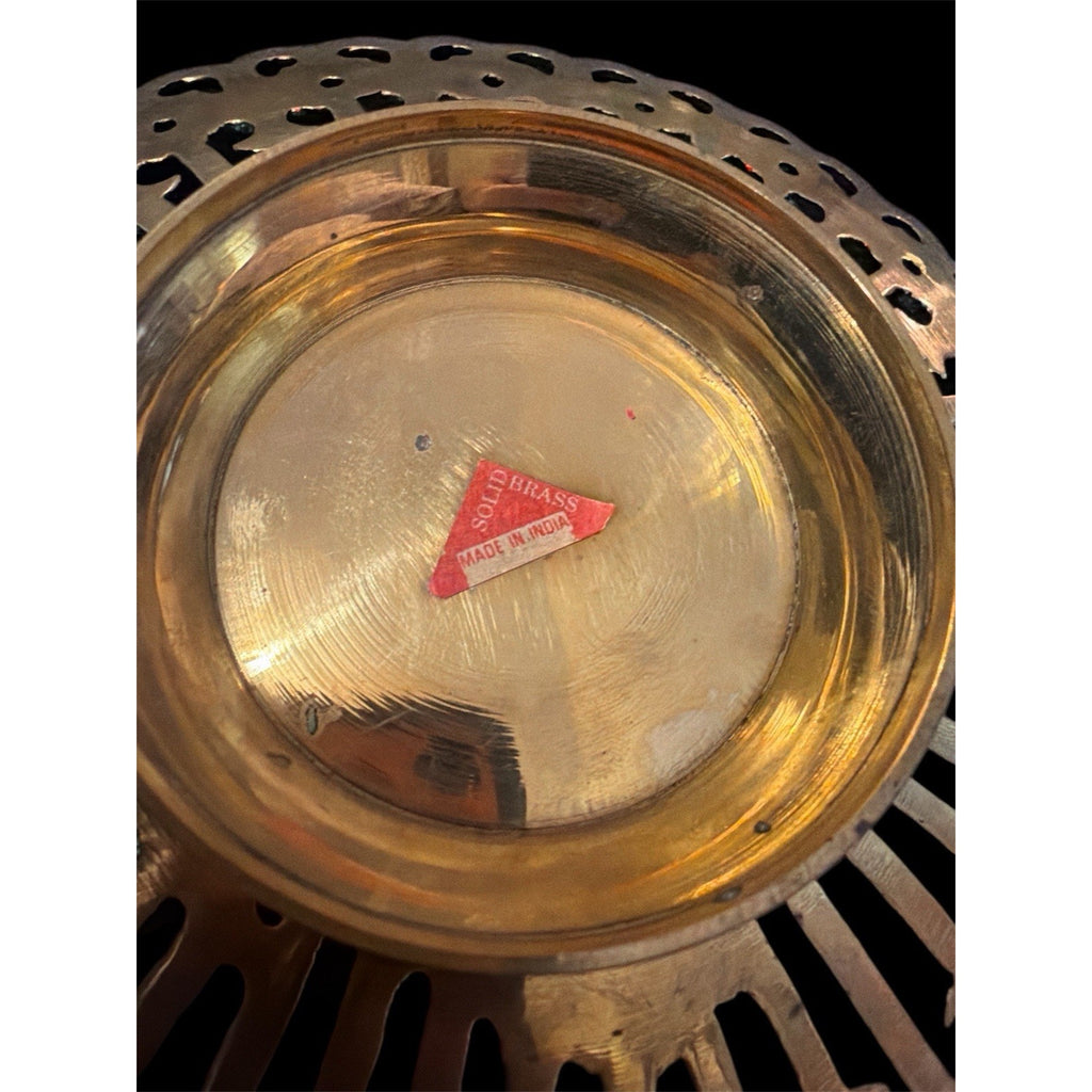 Vintage Solid Brass Pedestal Dish Enamel Floral India Trinket Bowl