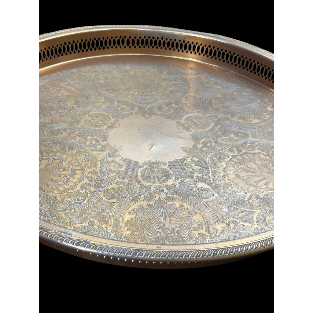 Vintage 18” Copper Plated Engraved Serving Tray Pierced Gallery – additional view 2