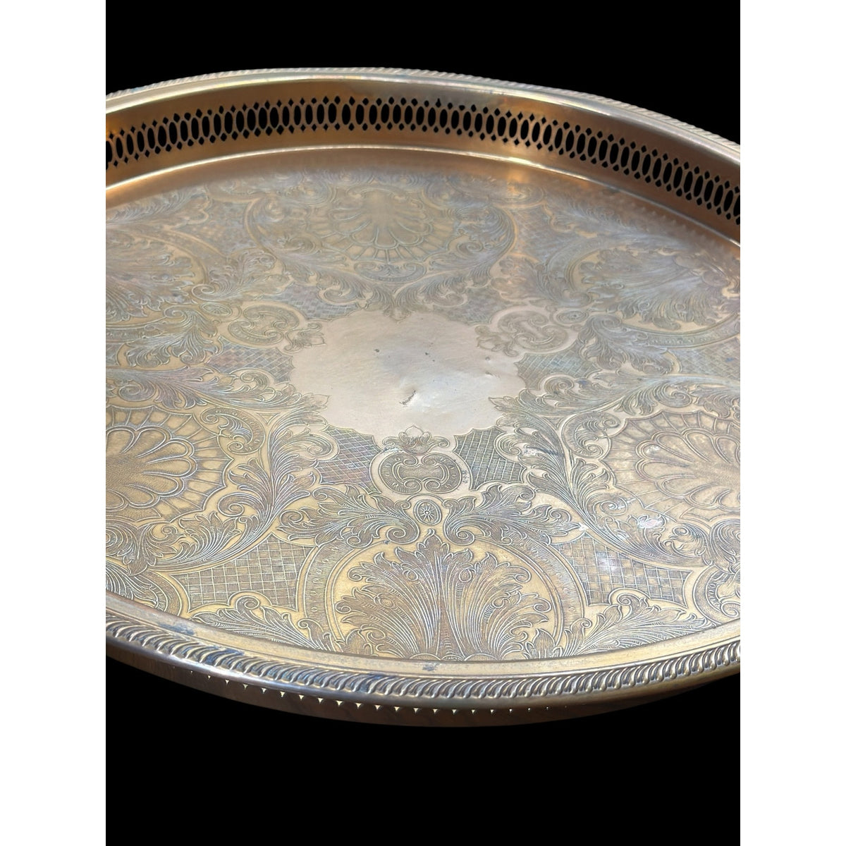 Vintage 18” Copper Plated Engraved Serving Tray Pierced Gallery – additional view 2