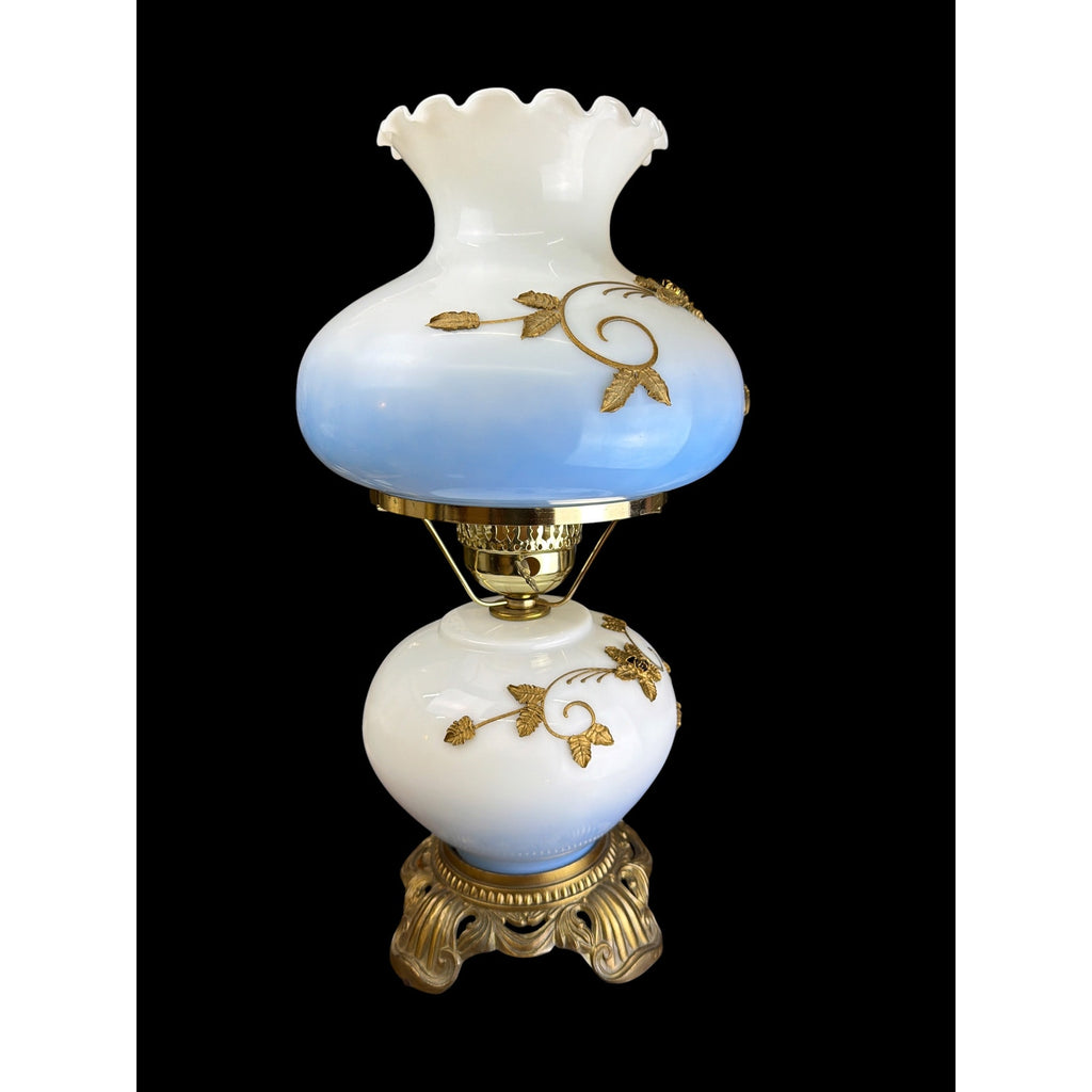 Attributed Falkenstein Blue Opaline Gone With the Wind Dual Light Hurricane Lamp