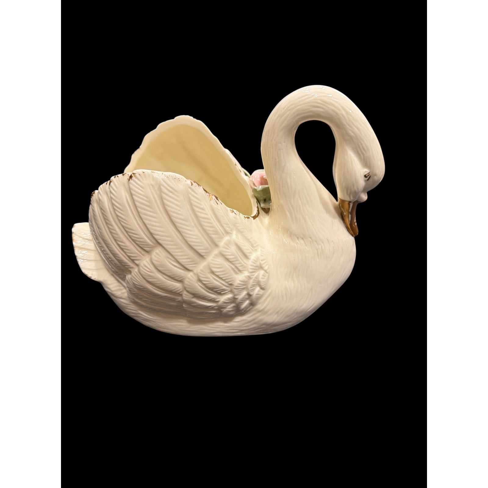 Vintage Porcelain Swan Planter with Pink Roses | Cottagecore French Country