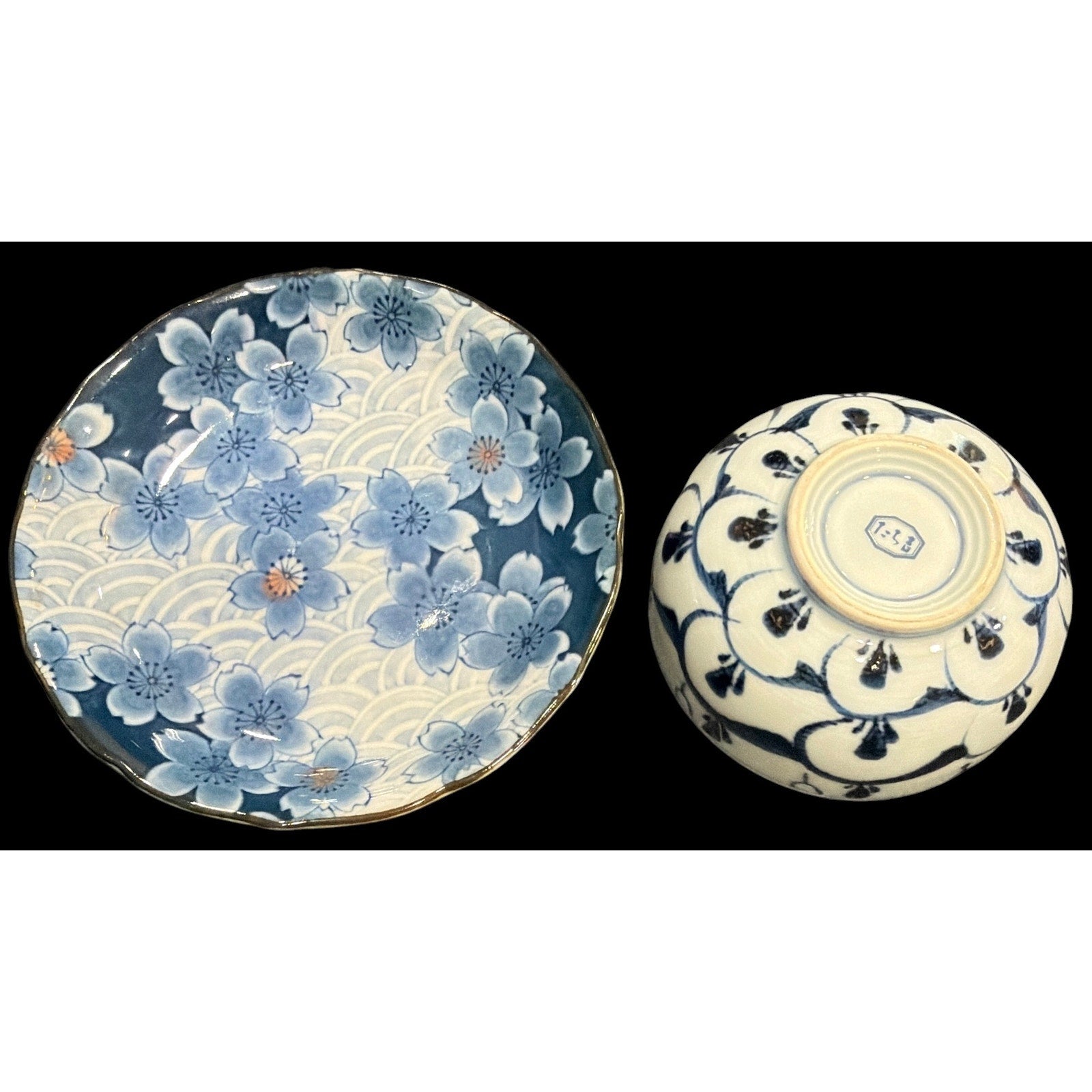 Vintage Japanese Tea Bowl and Saucer Set, Blue Cherry Blossom Porcelain Tea Cups, Set of 4, Asian Tea Service, Floral Porcelain Teaware