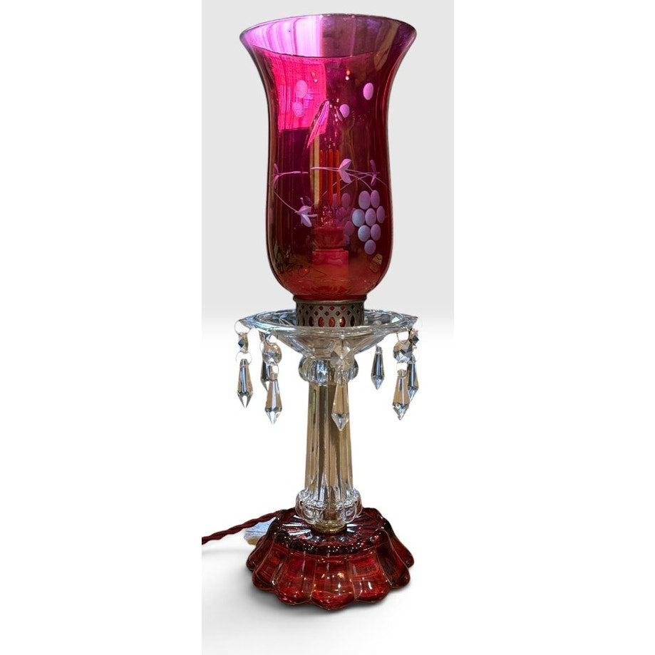 Vintage Cranberry Glass Hurricane Lamp Etched Grapes Crystal Prisms – additional view 3
