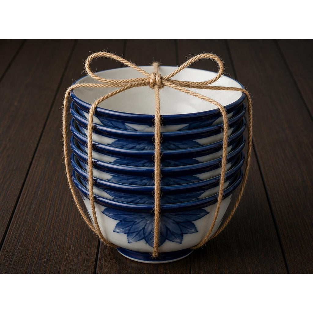 Set of 6 Vintage Blue White Porcelain Rice Bowls, Hand-Painted Floral Tea Bowls