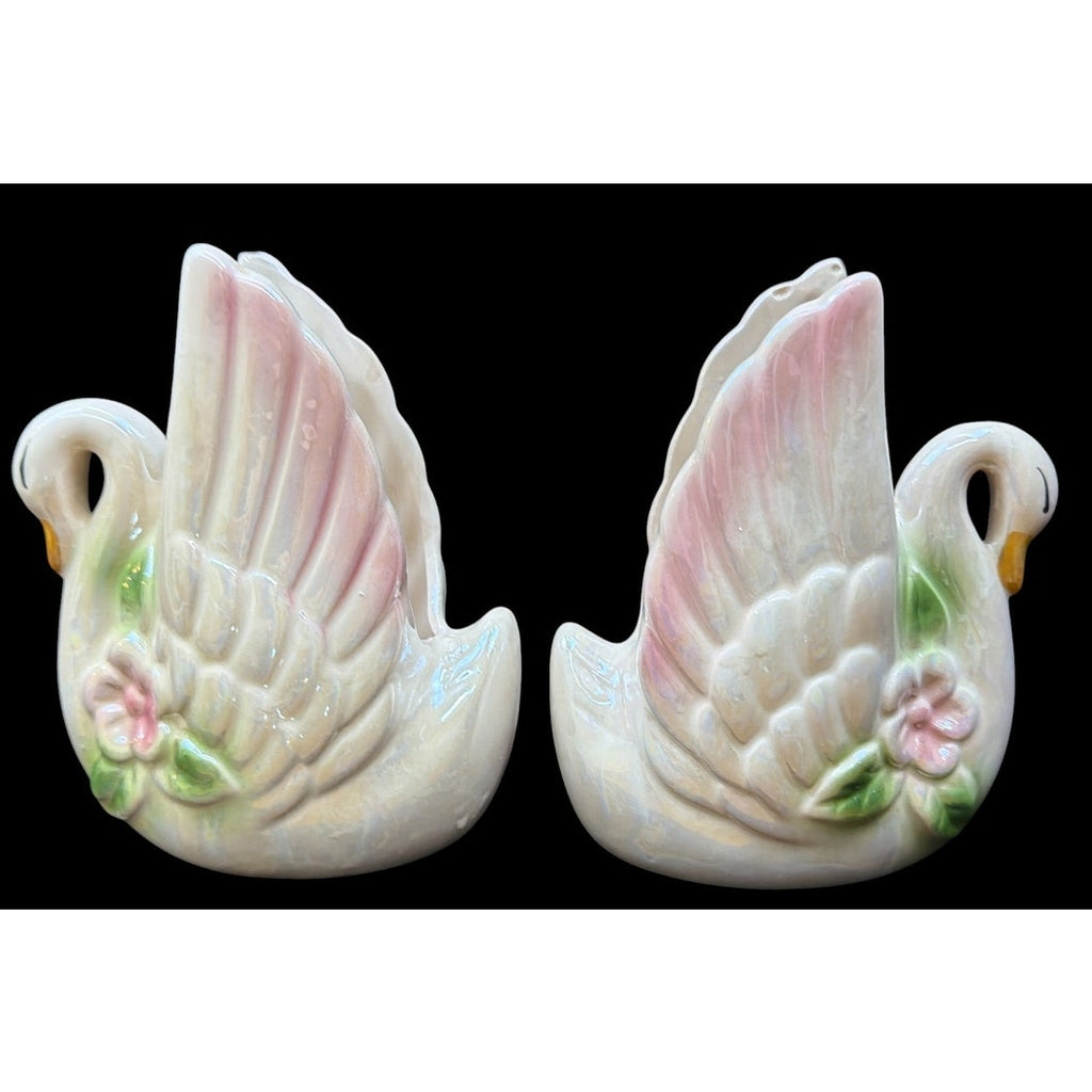 Vintage Pair Pink Lusterware Swan Planters Japanese Ceramic Floral Vases