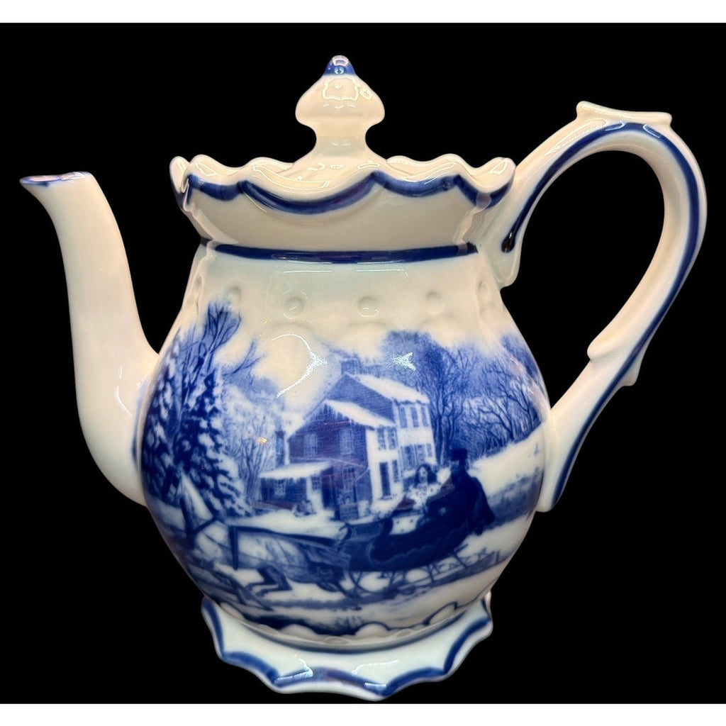 Vintage Blue White Scenic Teapot 40–48 oz Winter Cottage Tea Pot