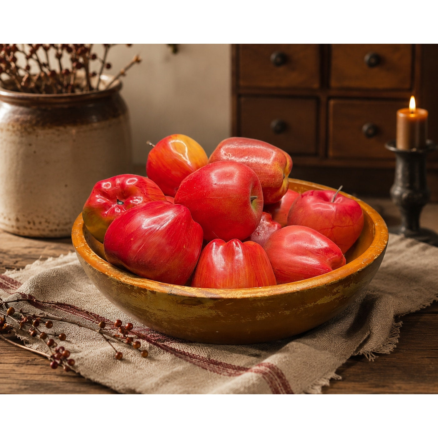 Vintage Wood Bowl with 13 Faux Apples Japan Primitive Farmhouse Decor
