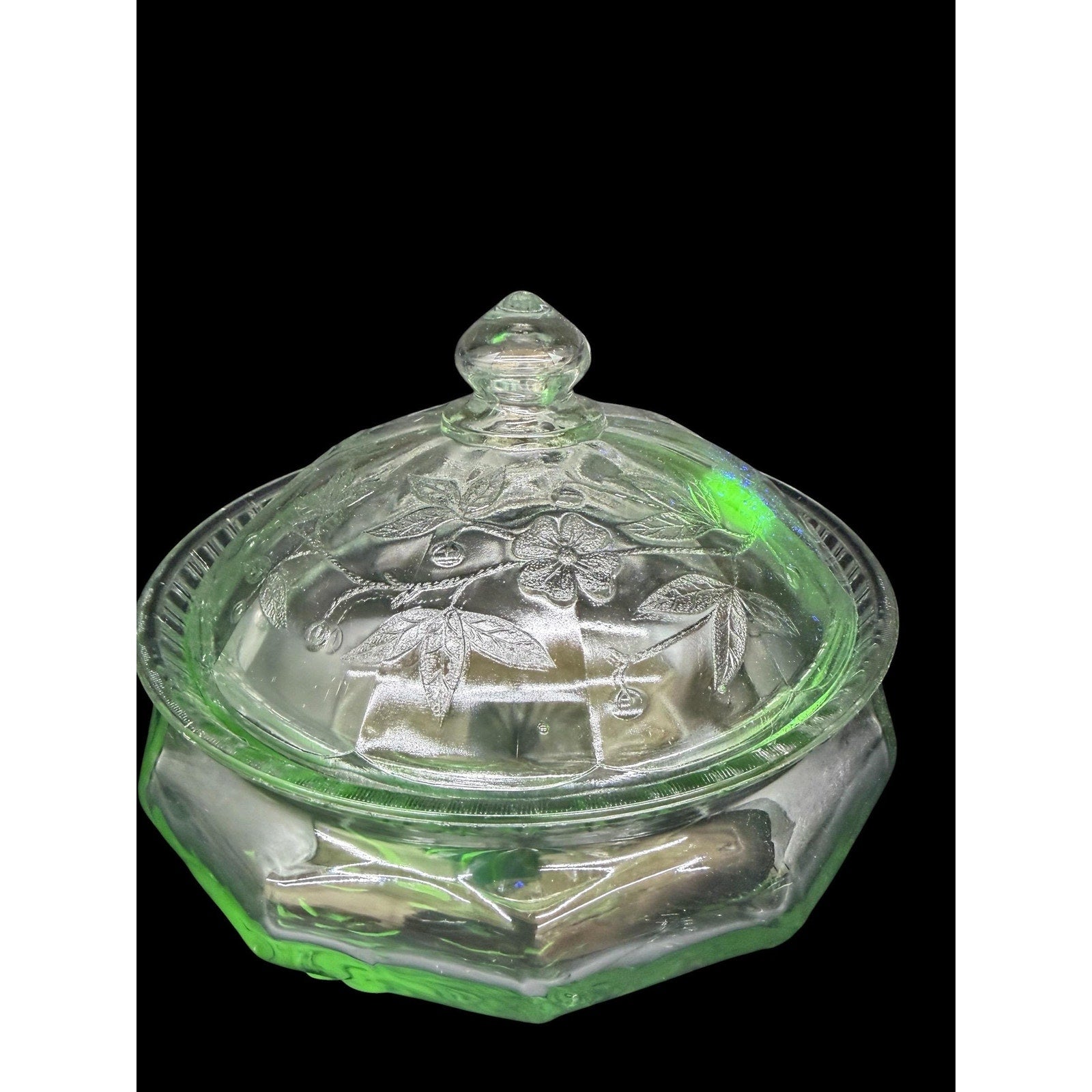 Vintage Pressed Glass Covered Candy Dish Cherry Pattern Lid Bowl 8”