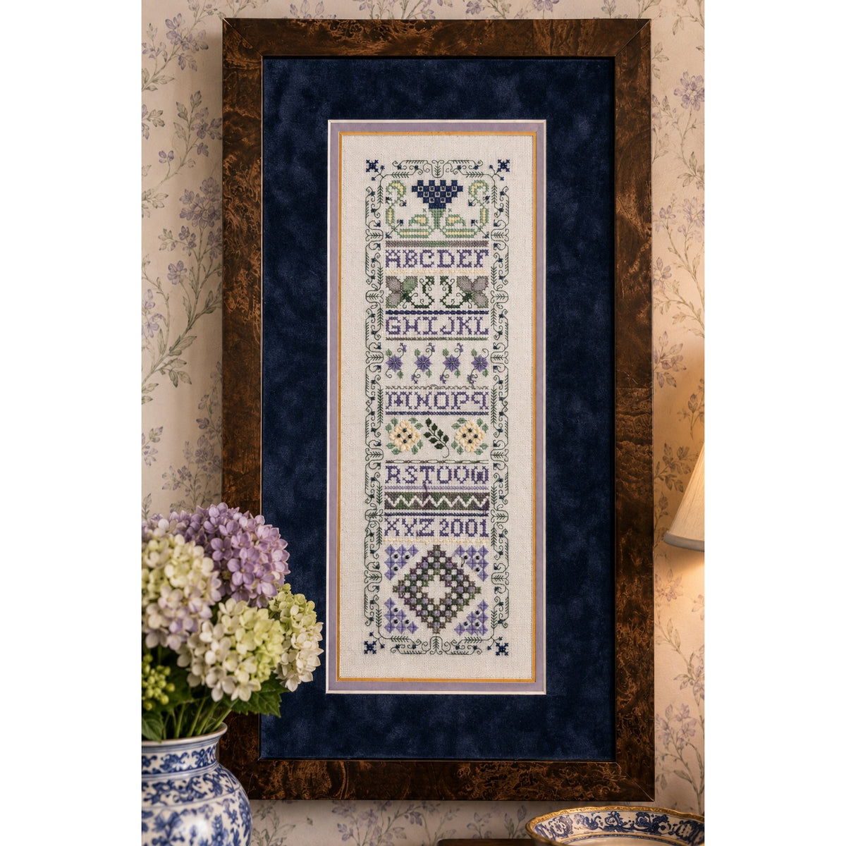 Indigo Rose Jasmine & Sapphires Framed Specialty Stitch Sampler Beaded – main view