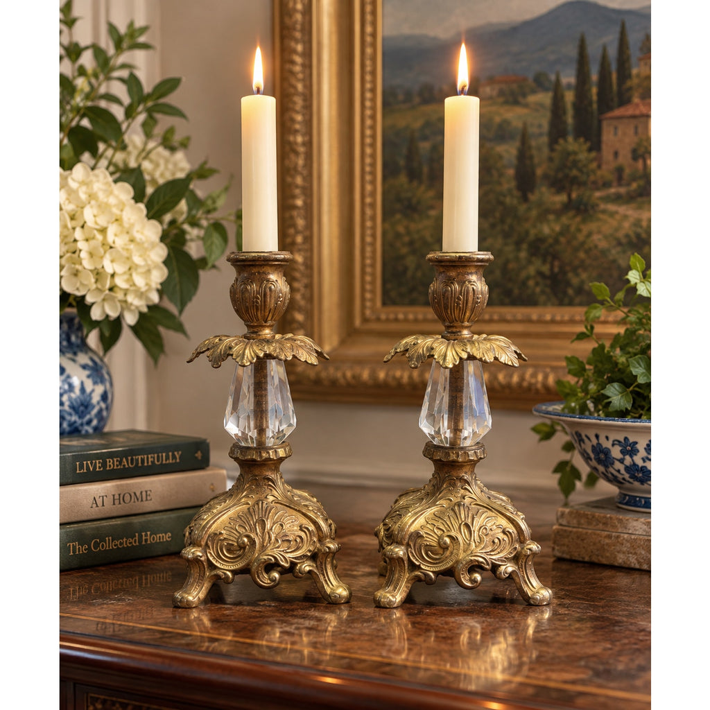 Vintage Hollywood Regency Lucite Candlesticks Gold Tone Pair 8 Inch – main view