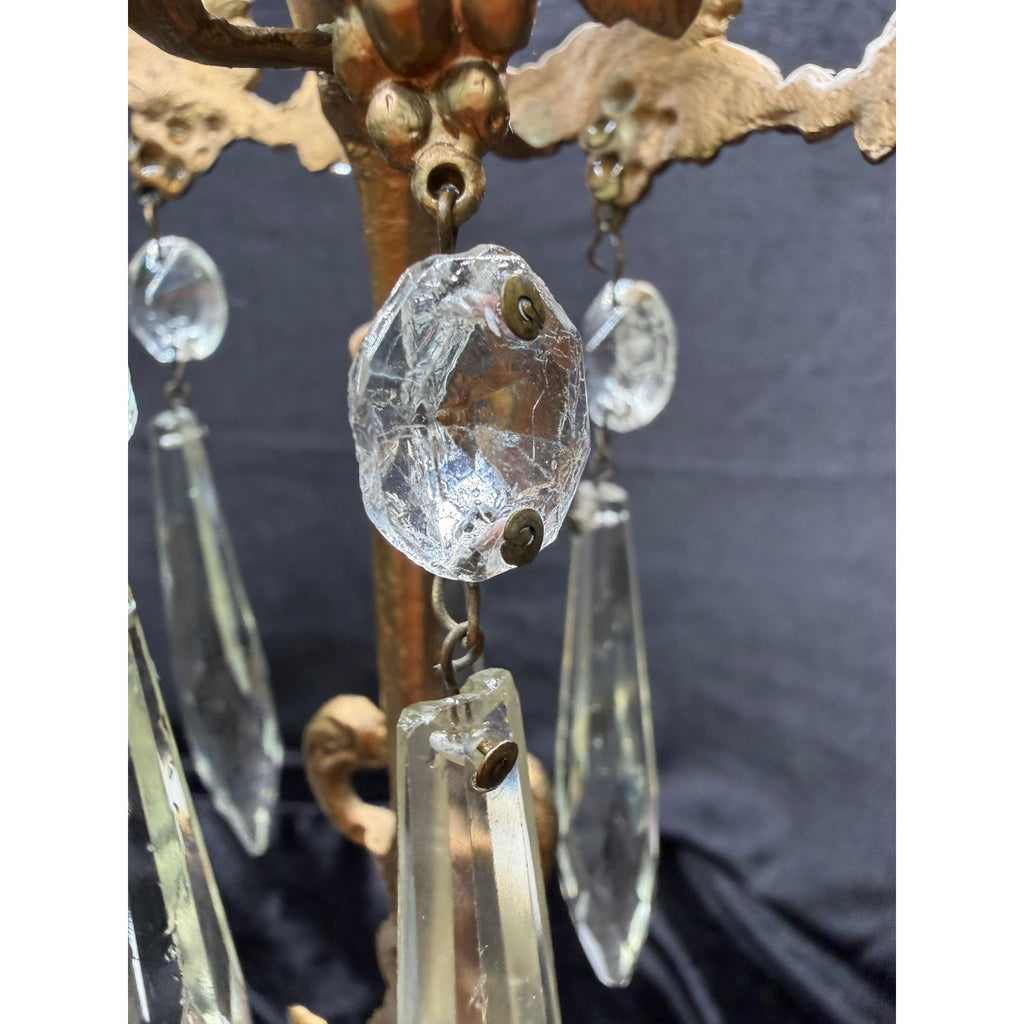Antique Victorian Figural Girandole Candlesticks Pair Marble Crystal Prisms
