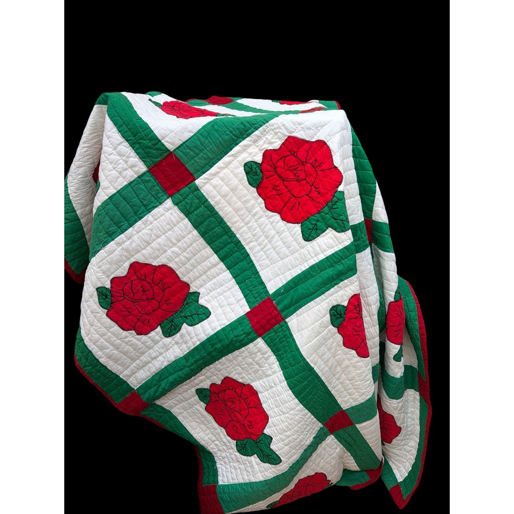 Vintage Handmade Rose Applique Quilt Hand Quilted 70x78 Floral Cottage