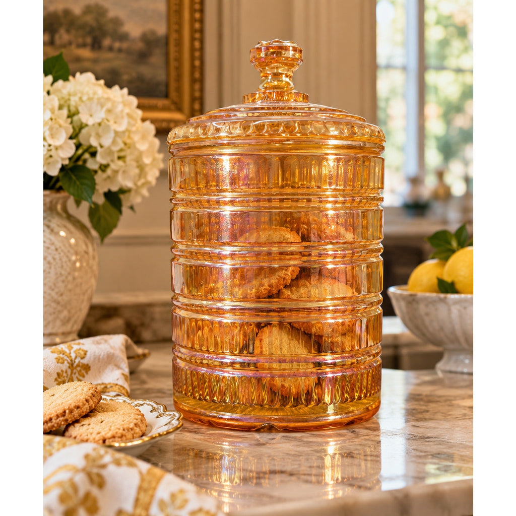 Exceptional Vintage Peach Carnival Glass Biscuit Jar Jeannette Attributed 9.5"