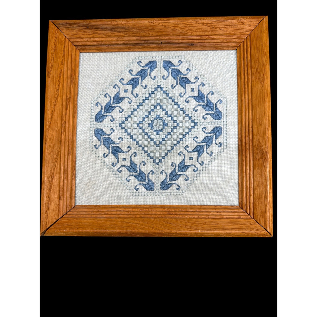 Vintage Hardanger Embroidery Blue White Needlework Oak Frame