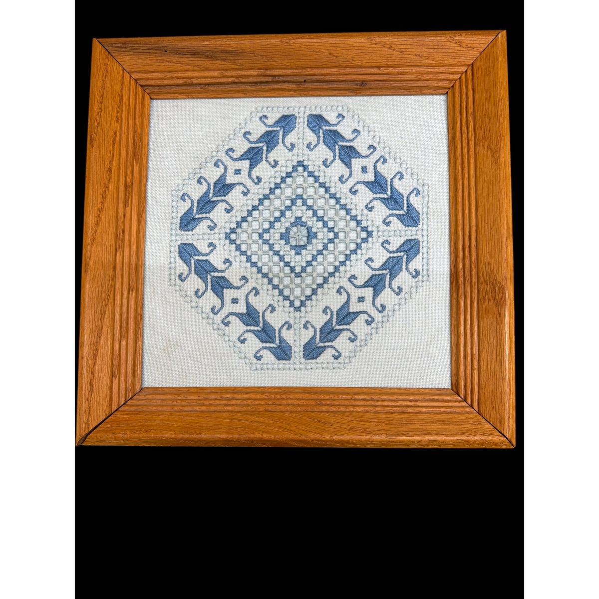 Vintage Hardanger Embroidery Blue White Needlework Oak Frame