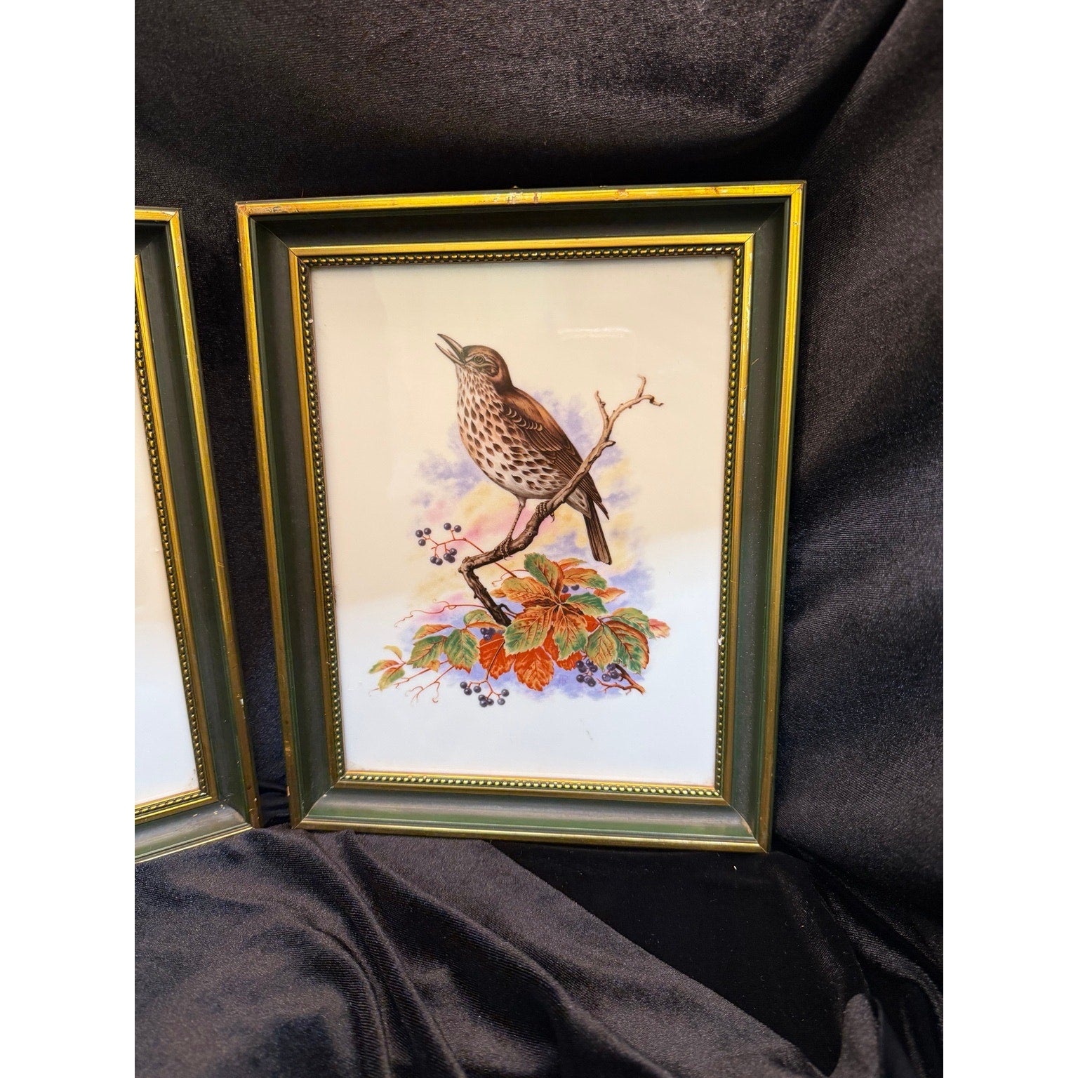 Vintage Heinrich Germany Framed Porcelain Bird Tile Wall Art Pair