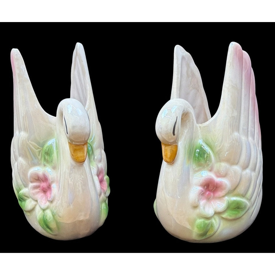 Vintage Pair Pink Lusterware Swan Planters Japanese Ceramic Floral Vases