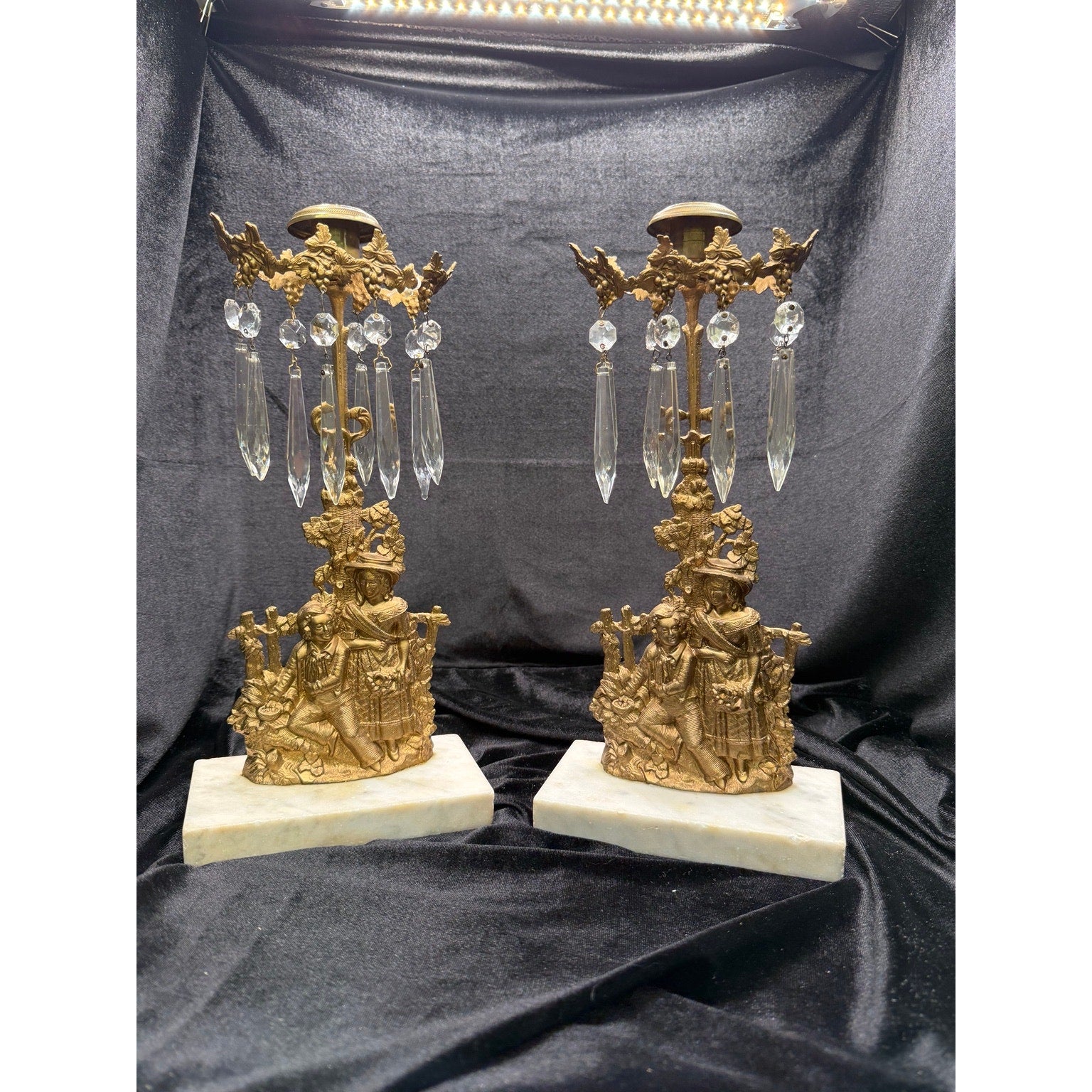 Antique Victorian Figural Girandole Candlesticks Pair Marble Crystal Prisms