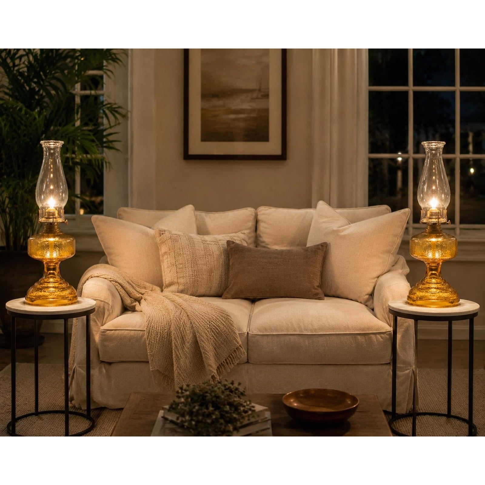 Antique Amber Glass Oil Lamps Pair | Vintage Hurricane Farmhouse Lighting