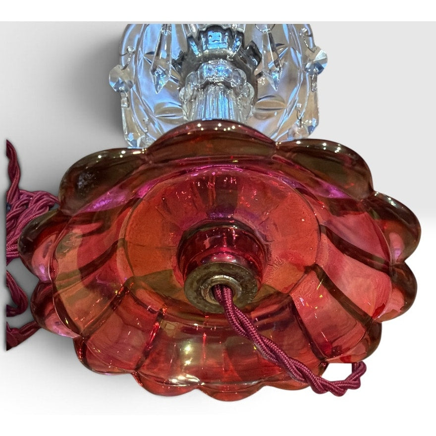 Vintage Cranberry Glass Hurricane Lamp Etched Grapes Crystal Prisms – additional view 8
