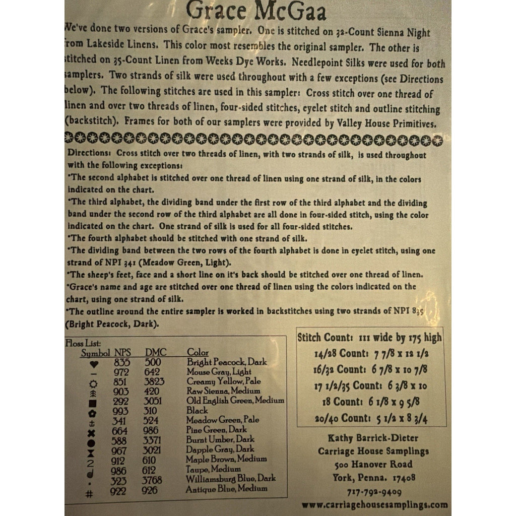 Carriage House Samplings Grace McGaa’s Sampler Cross Stitch Pattern Chart