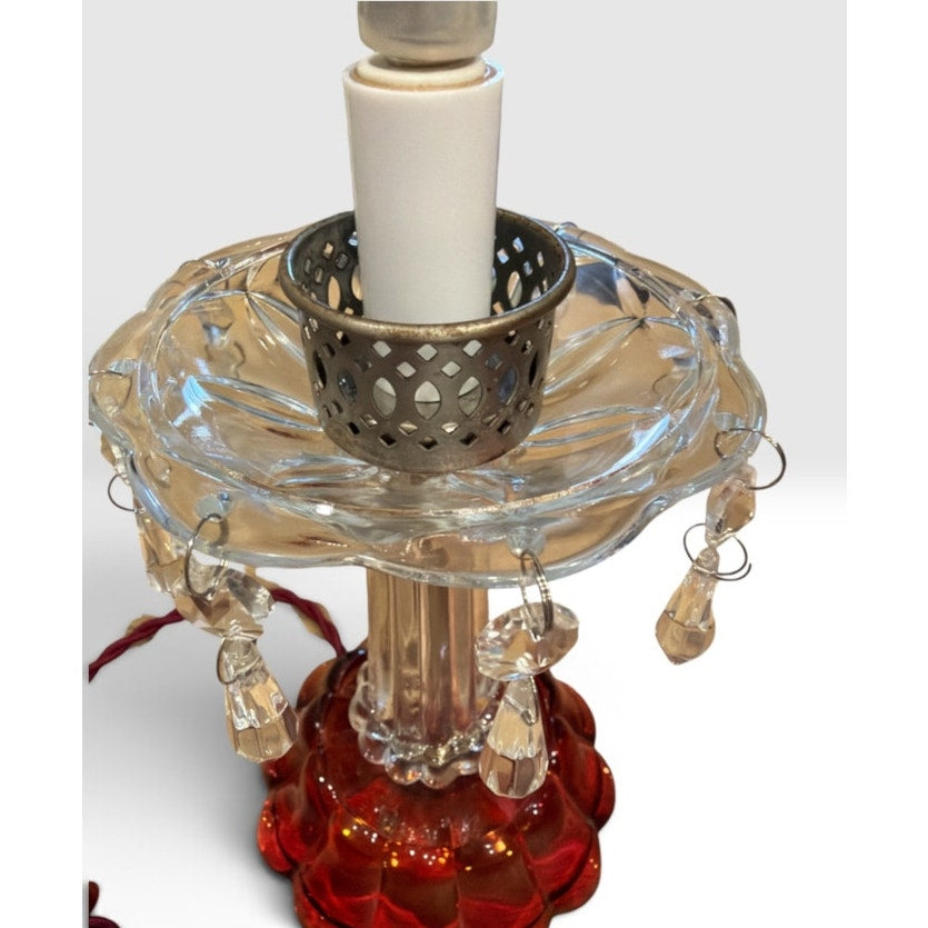Vintage Cranberry Glass Hurricane Lamp Etched Grapes Crystal Prisms – additional view 5