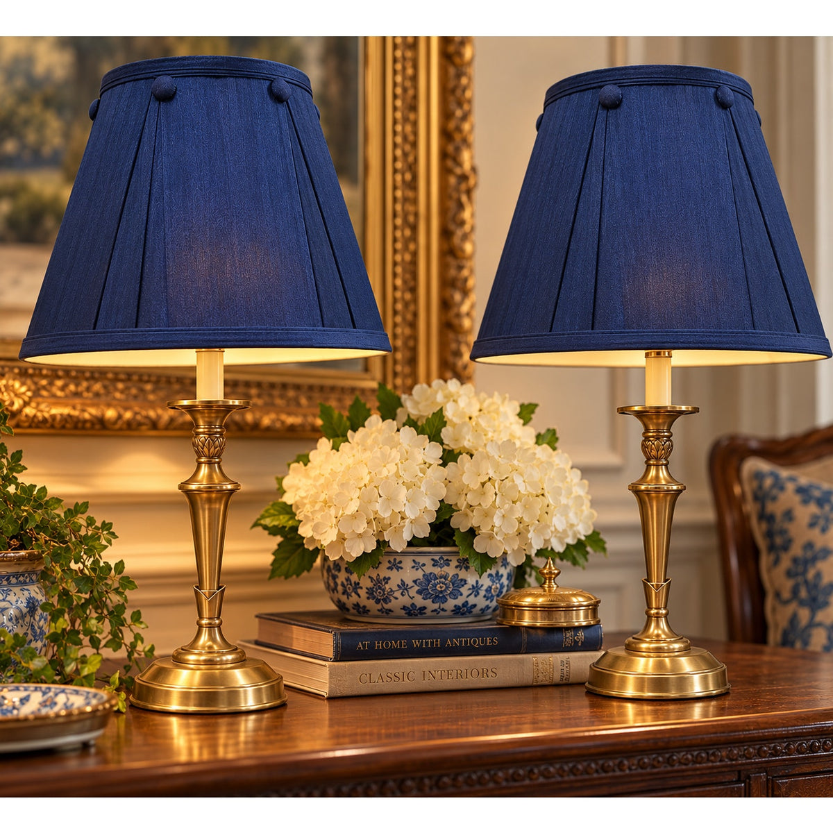 Pair Vintage Baldwin Brass Table Lamps Navy Silk Pleated Shades 22 Inch