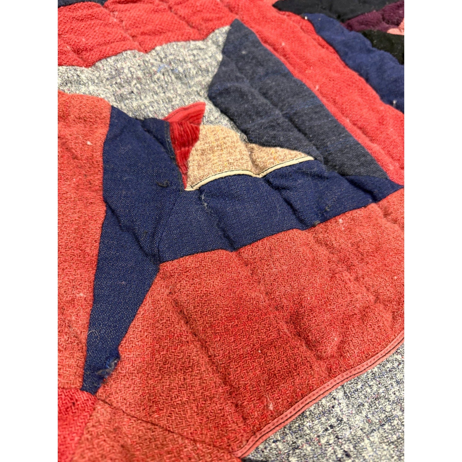 Antique Hand Pieced Wool Quilt: Primitive Folk Art Textile, Flannel Backing (77x64)
