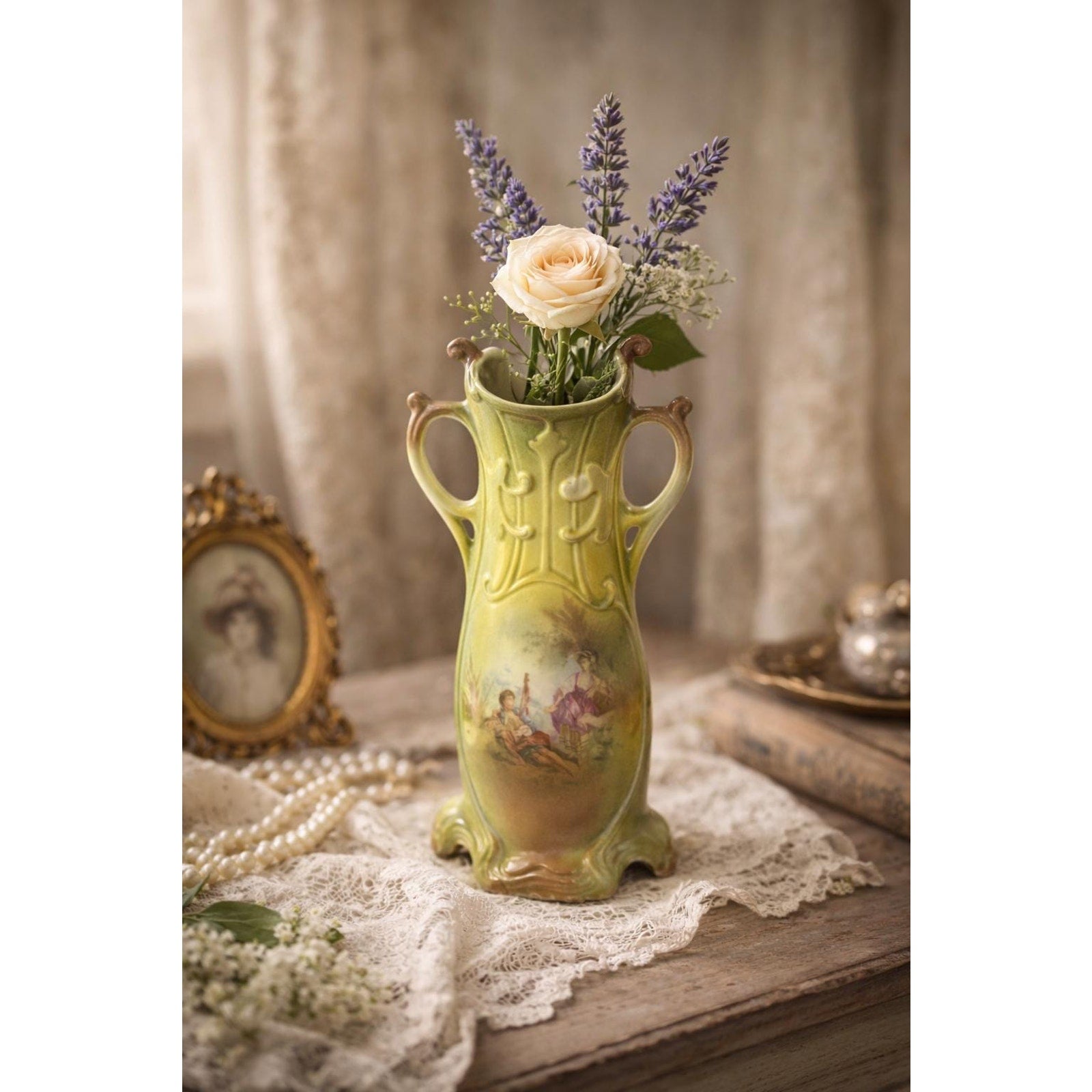 Art Nouveau Bud Vase Romantic Scene French Cottage Decor Double Handle Vase