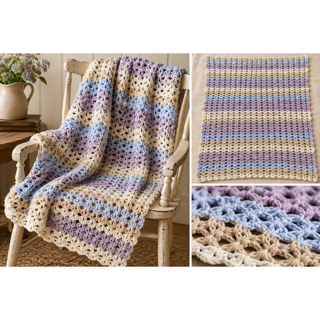 Handmade Chenille Crochet Baby Blanket Lavender Blue Cream 34 x 44 – main view