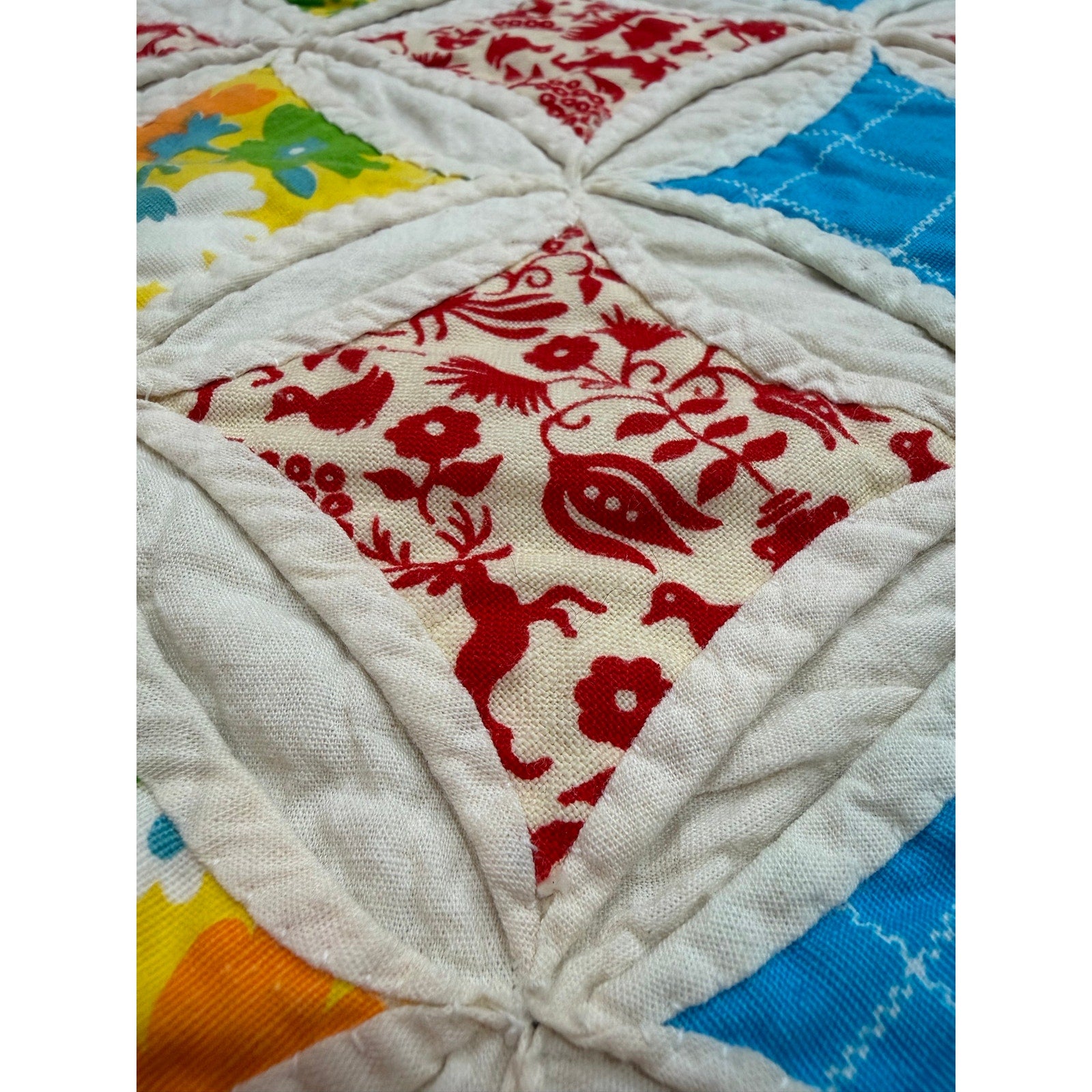 Vintage Hand Pieced Cathedral Window Quilt 60x76 Hand Stitched Cotton Quilt Throw Cottage Farmhouse Decor