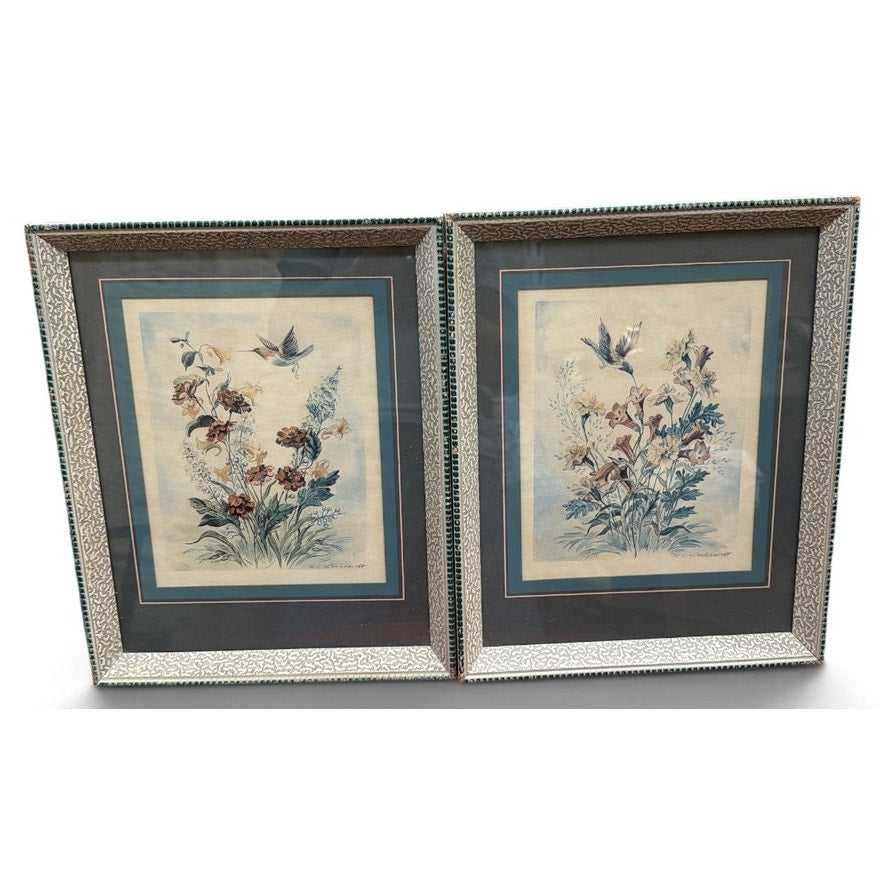 Vintage Hummingbird Wall Art Pair Framed Floral Botanical Prints Cottage Decor