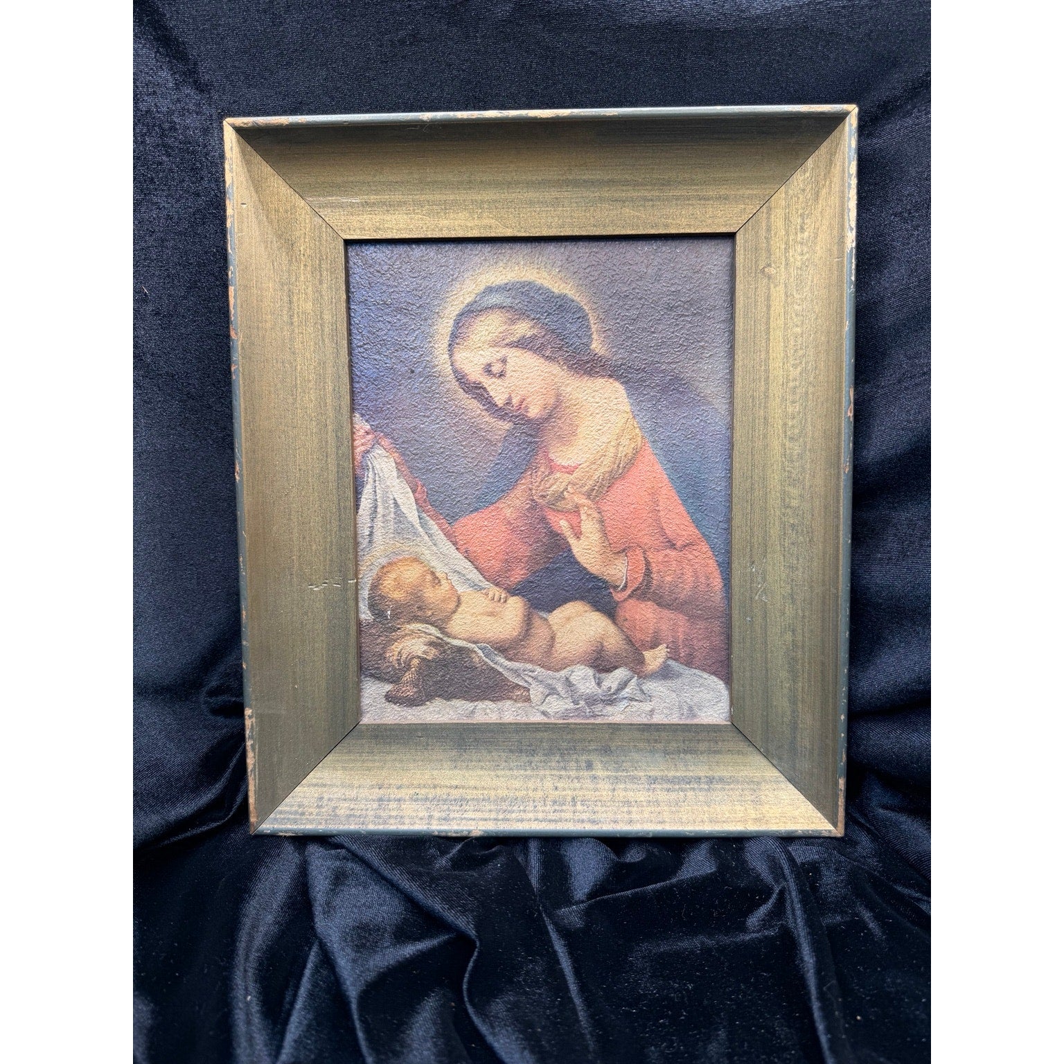 Pair of Vintage Framed Religious Prints Madonna Child & Supper at Emmaus