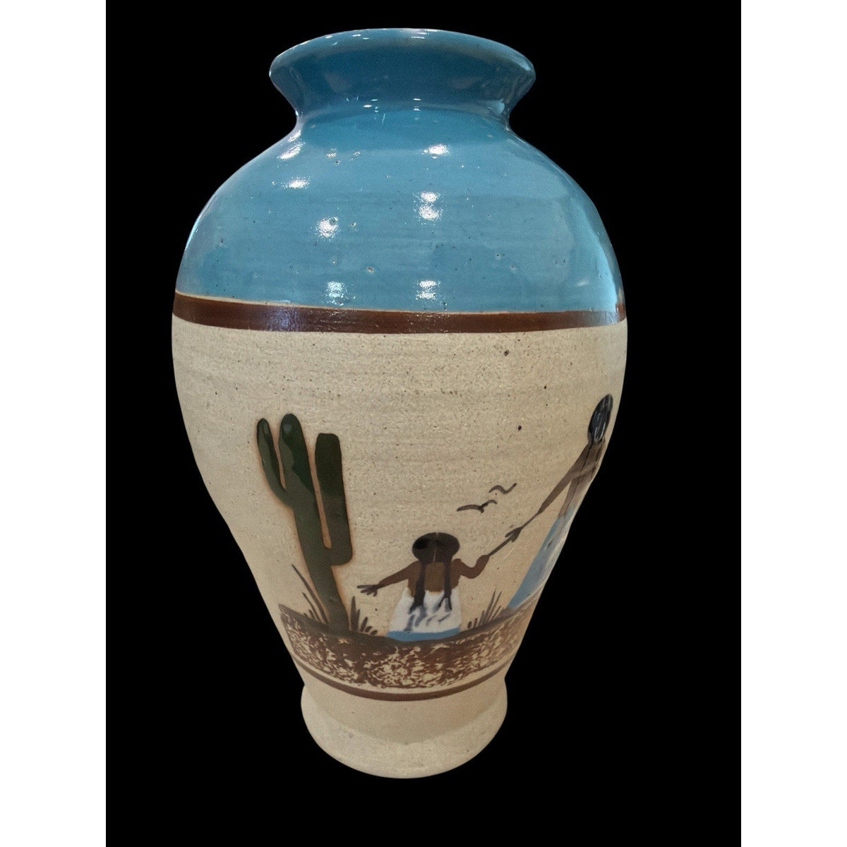 Vintage Mexican Pottery Vase Hand Painted Desert Scene Turquoise 9.5 Inch