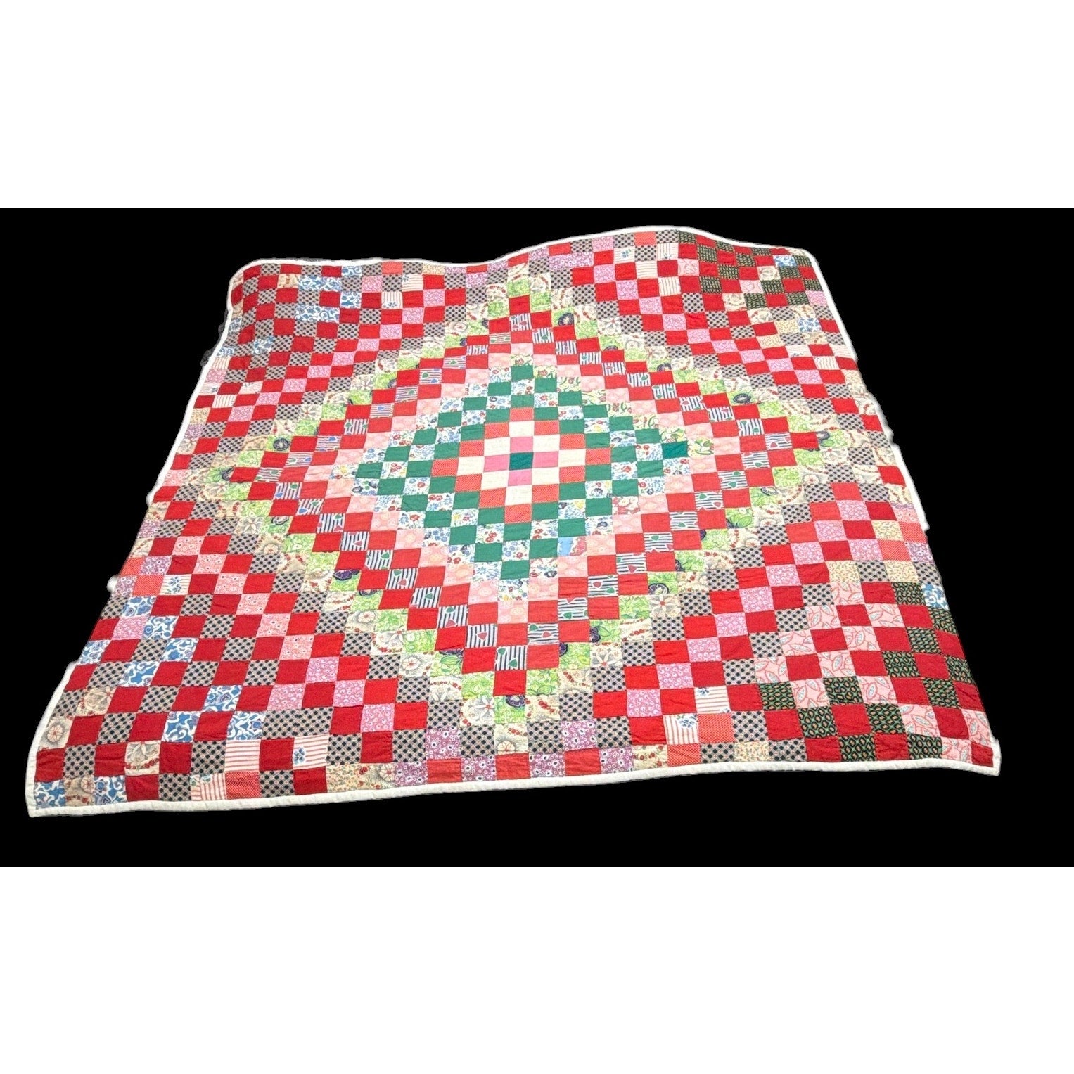 Vintage Hand Pieced Hand Quilted Trip Around the World Quilt 70x72
