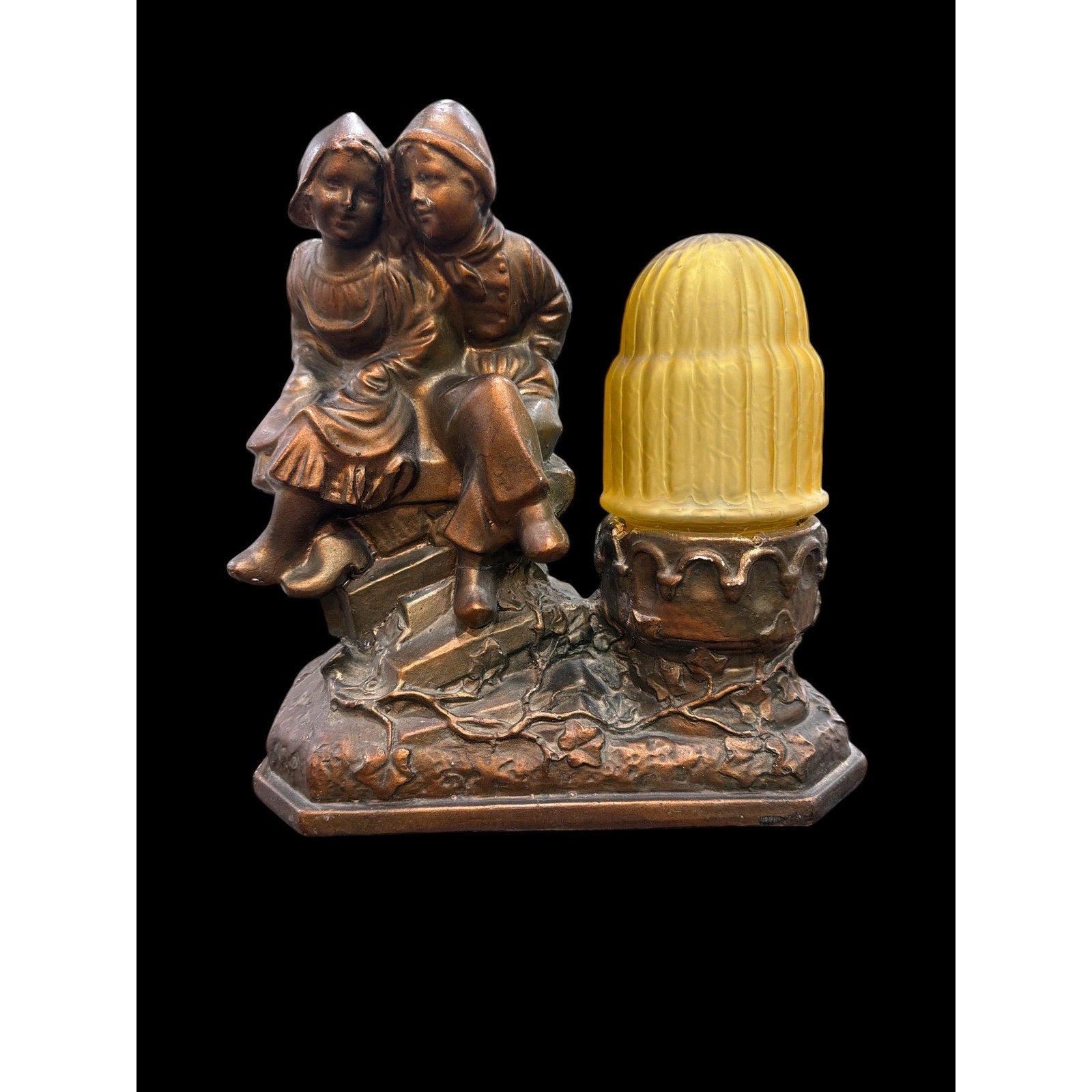 Vintage Chalkware Dutch Couple Lamp | Amber Glass Globe Night Light