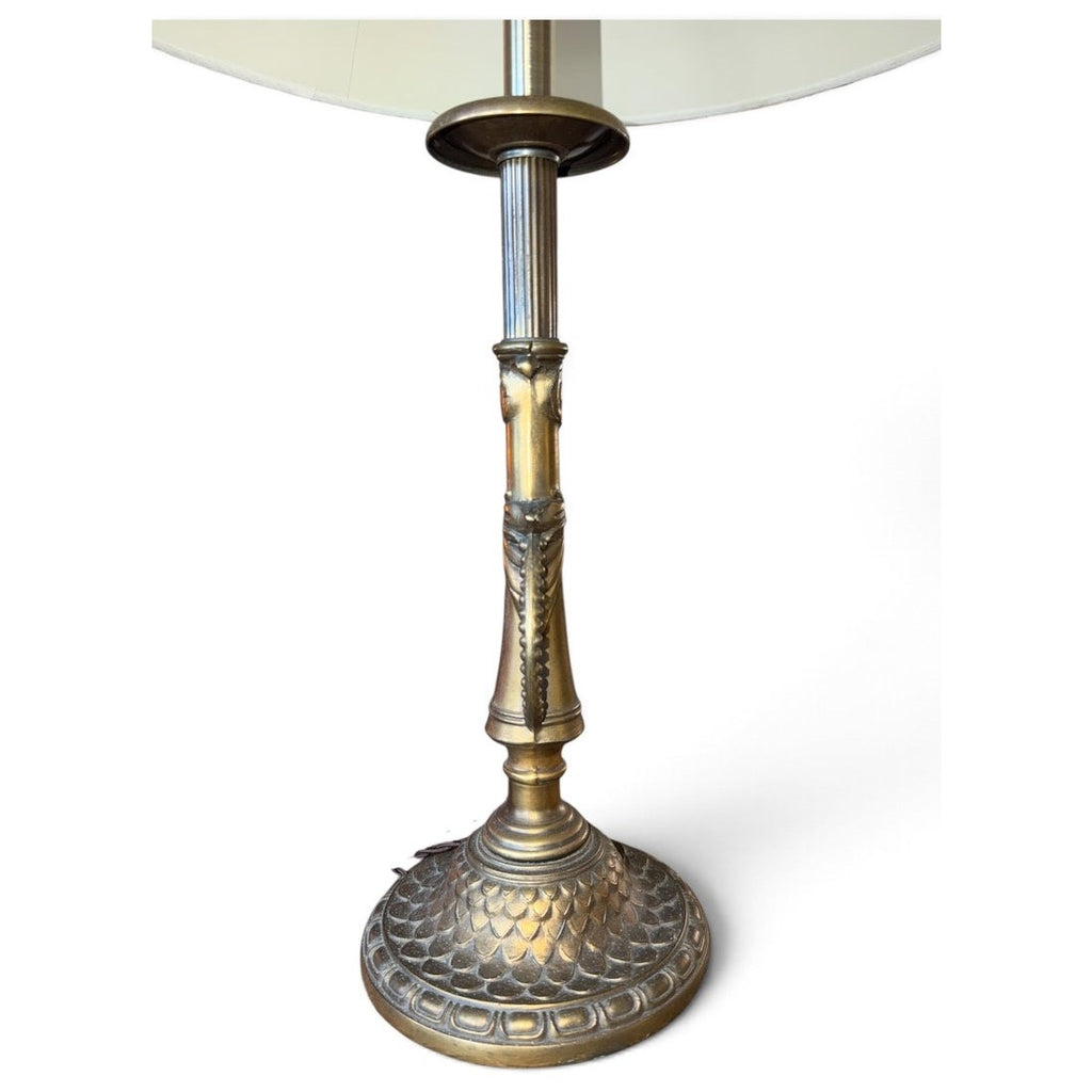 Pair of Vintage Ornate Metal Table Lamps Bronze Brass Patina Silk Shades 30"
