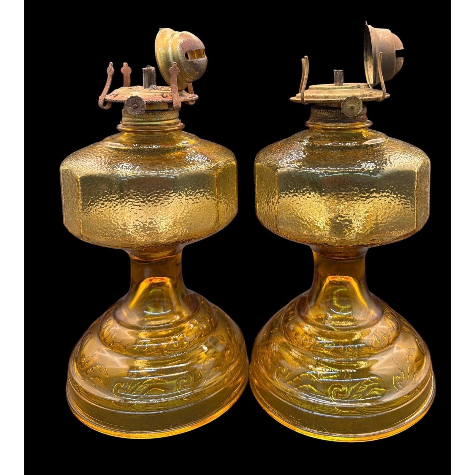 Antique Amber Glass Oil Lamps Pair | Vintage Hurricane Farmhouse Lighting