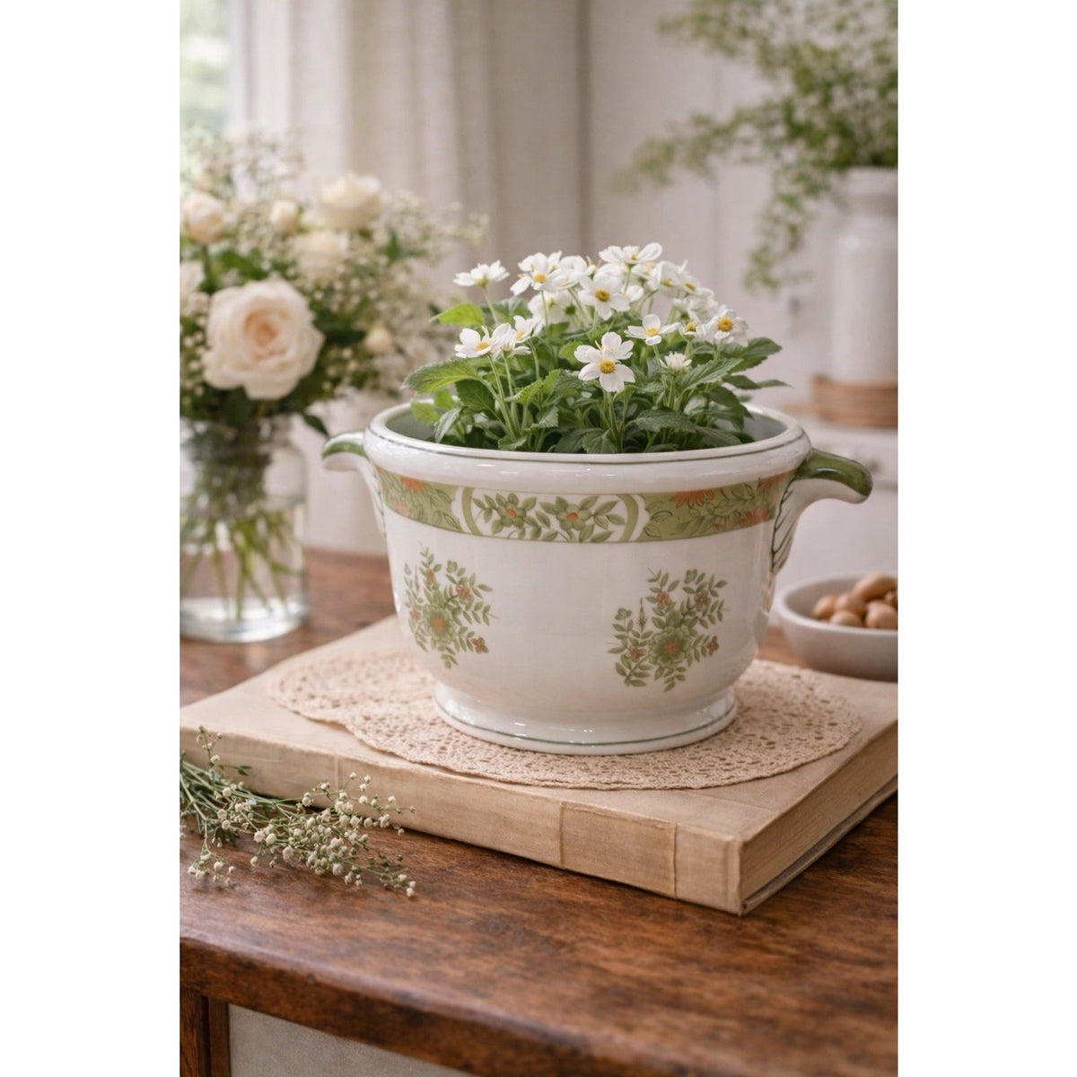 Vintage Schmid Design Folio Porcelain Jardiniere Floral Handled Planter Japan