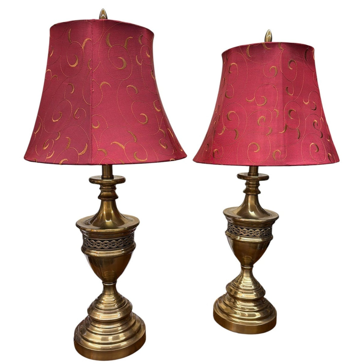 Vintage Brass Urn Table Lamps Pair with Burgundy Embroidered Silk Shades