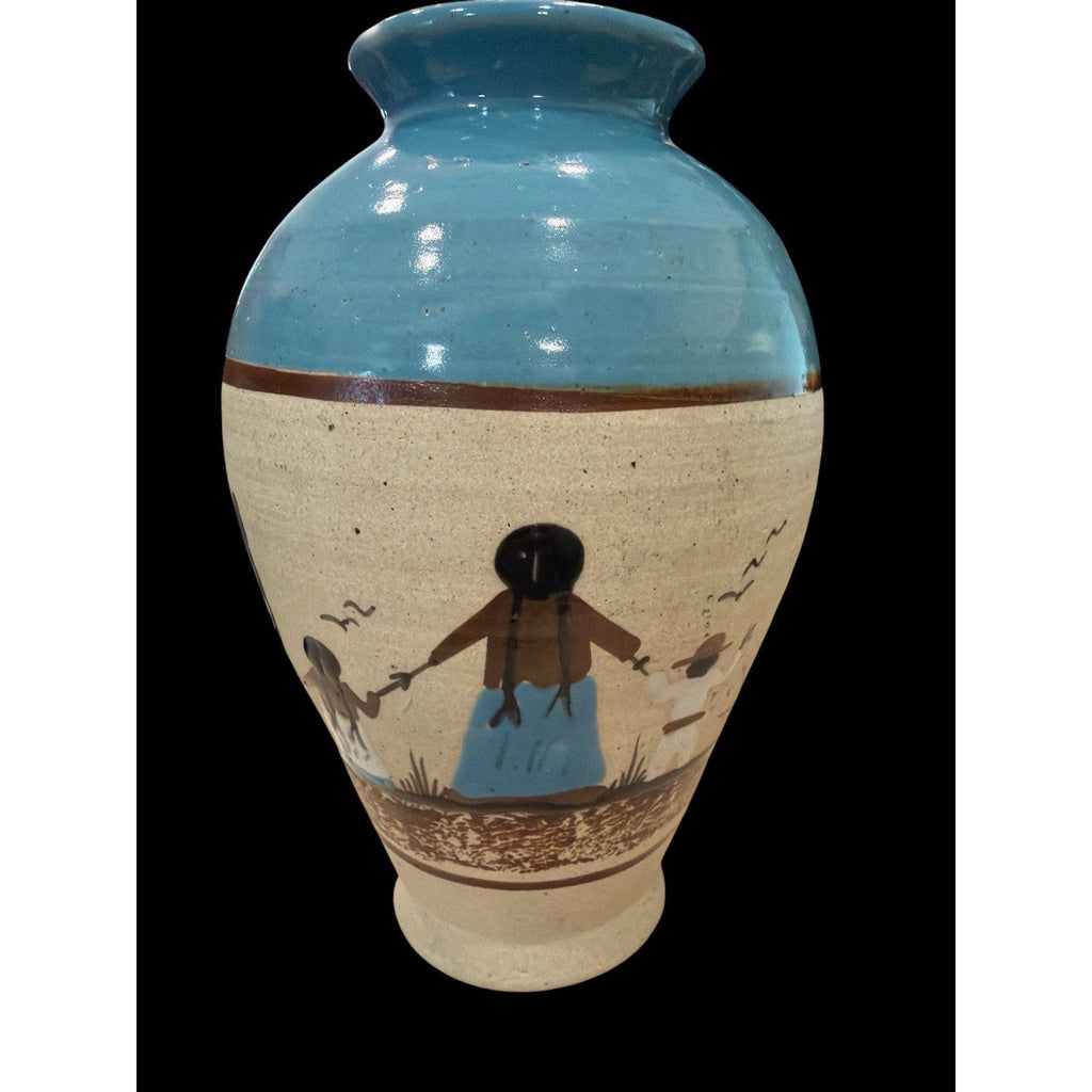 Vintage Mexican Pottery Vase Hand Painted Desert Scene Turquoise 9.5 Inch