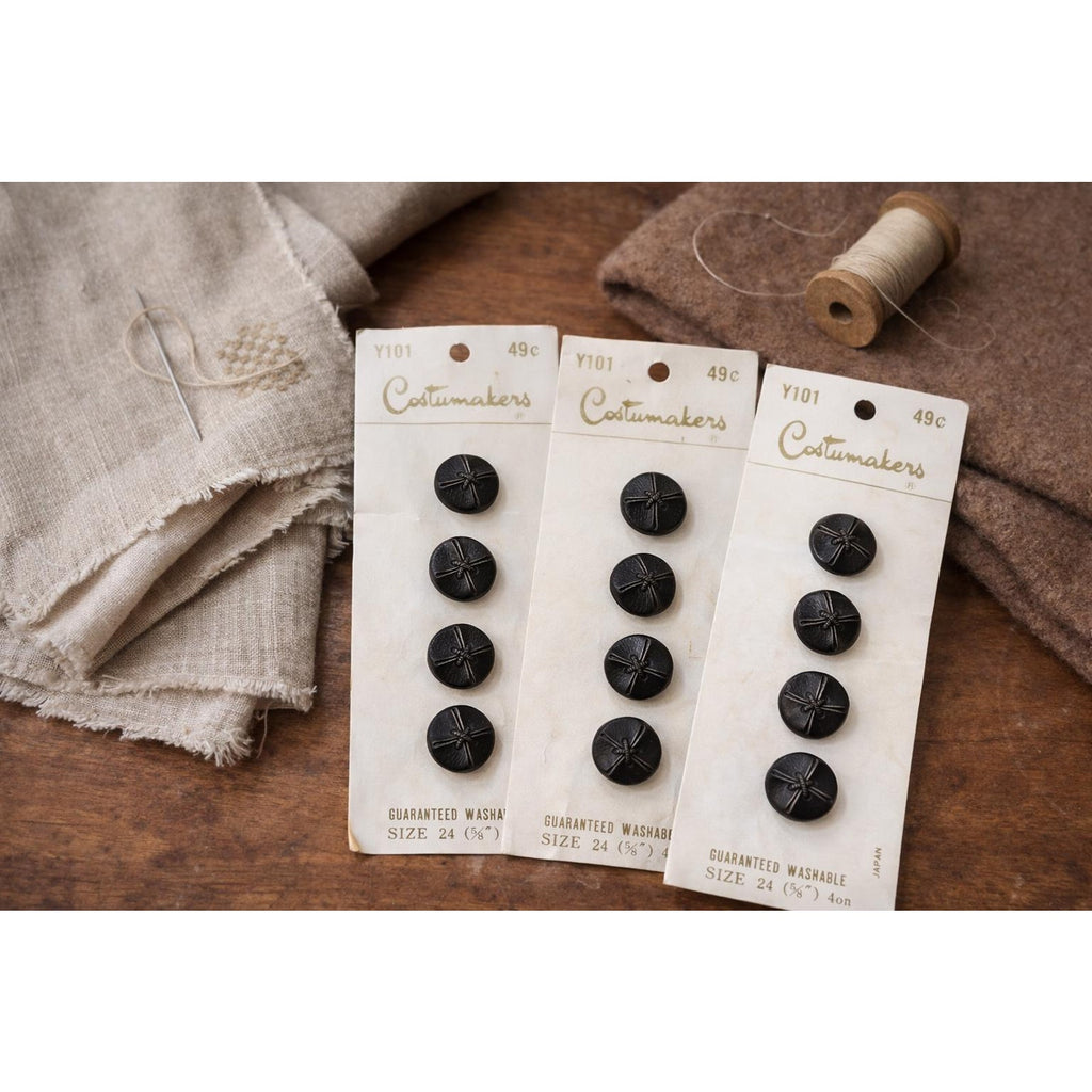 Vintage Black Leather-Look Buttons, Costumakers Japan, Size 24 (5/8 Inch) Lot of 12
